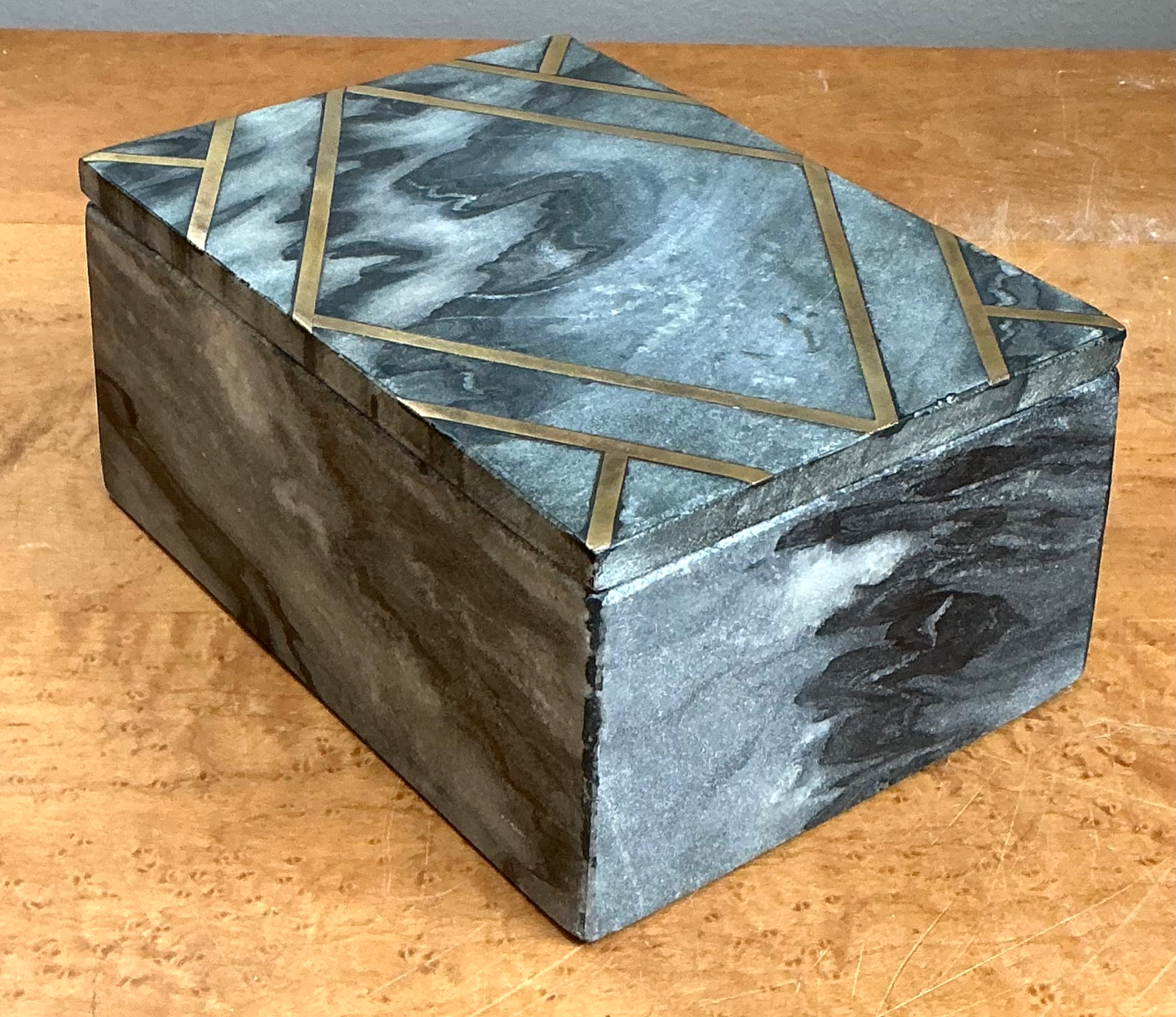 Vintage Geometric Brass Inlaid Stone Box - Top view