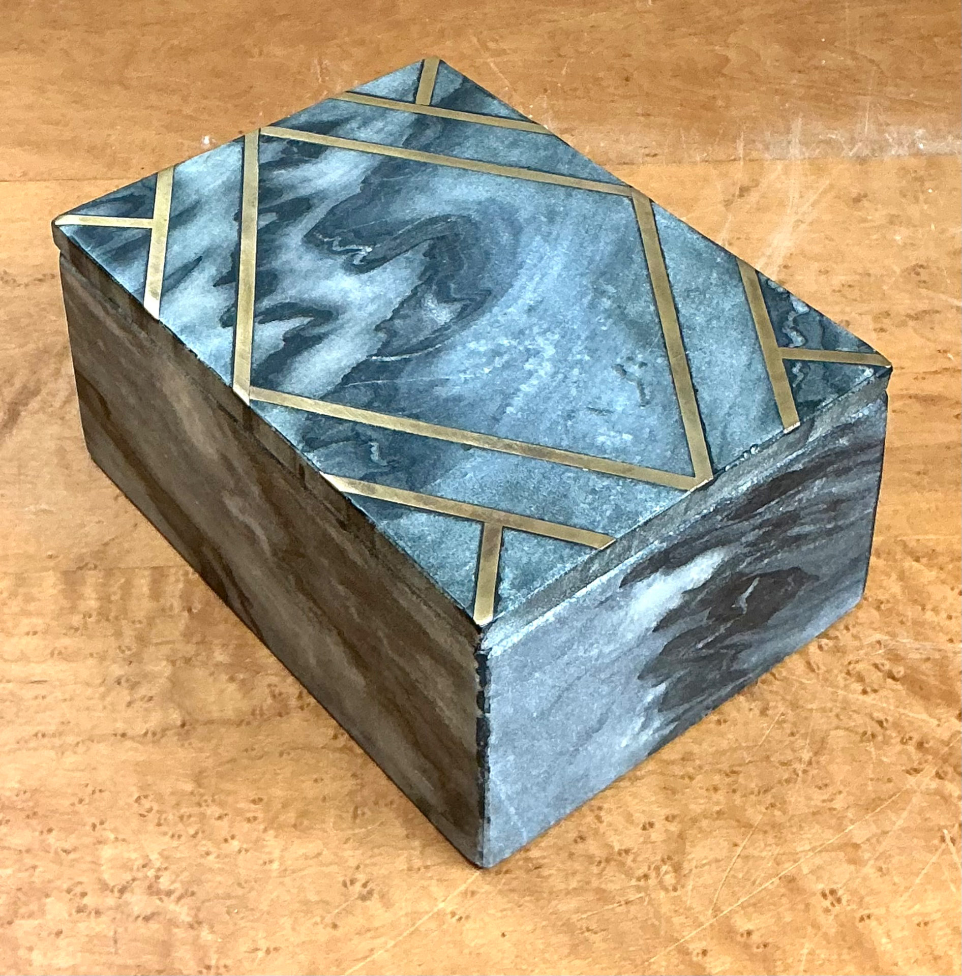 Vintage Geometric Brass Inlaid Stone Box - Side view