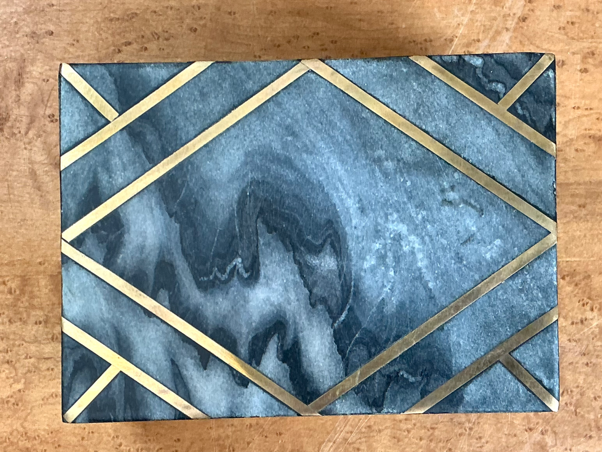 Vintage Geometric Brass Inlaid Stone Box - Detail view