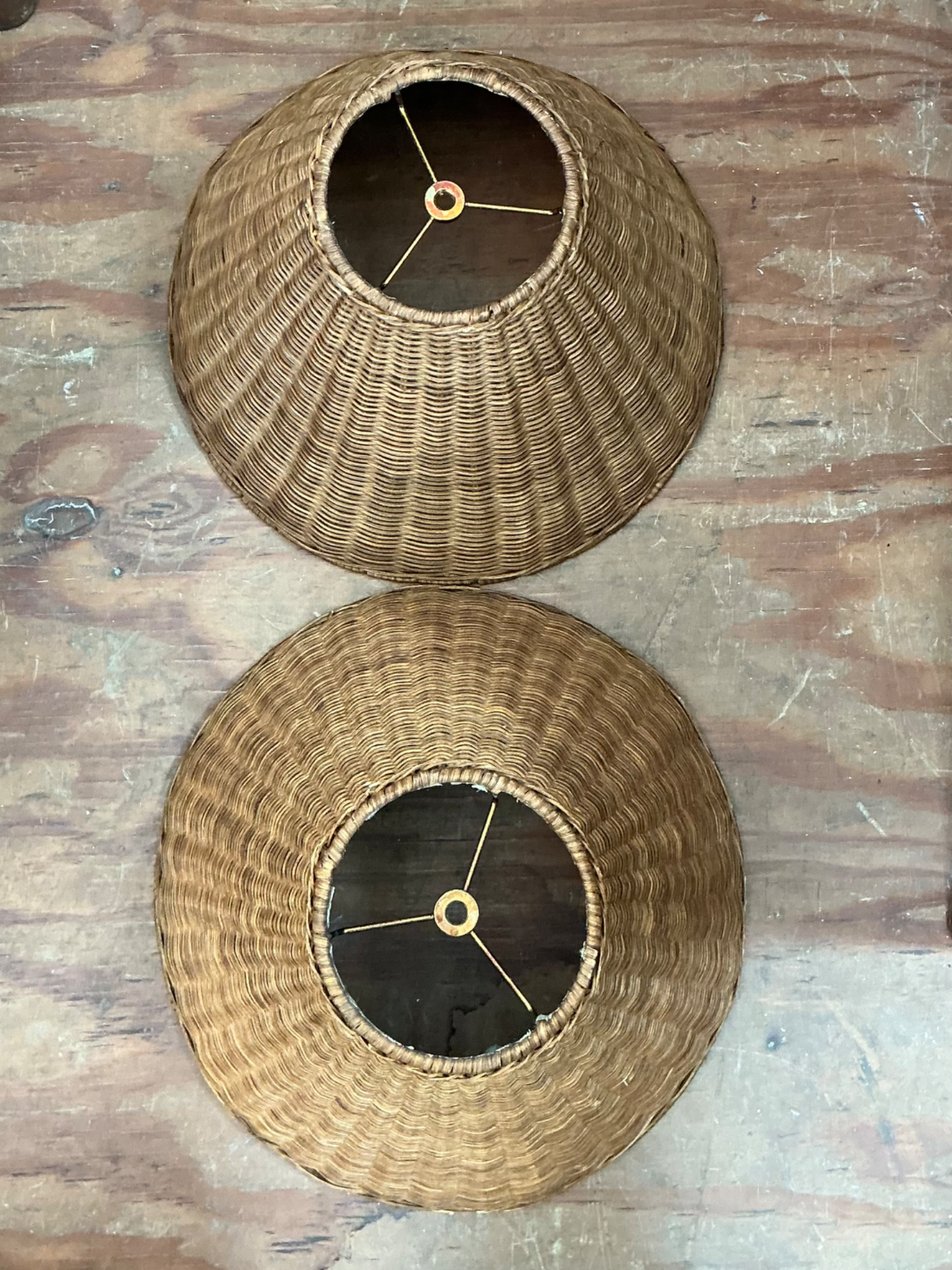 Vintage Woven Rattan Lamp Shades - Pair - Top view