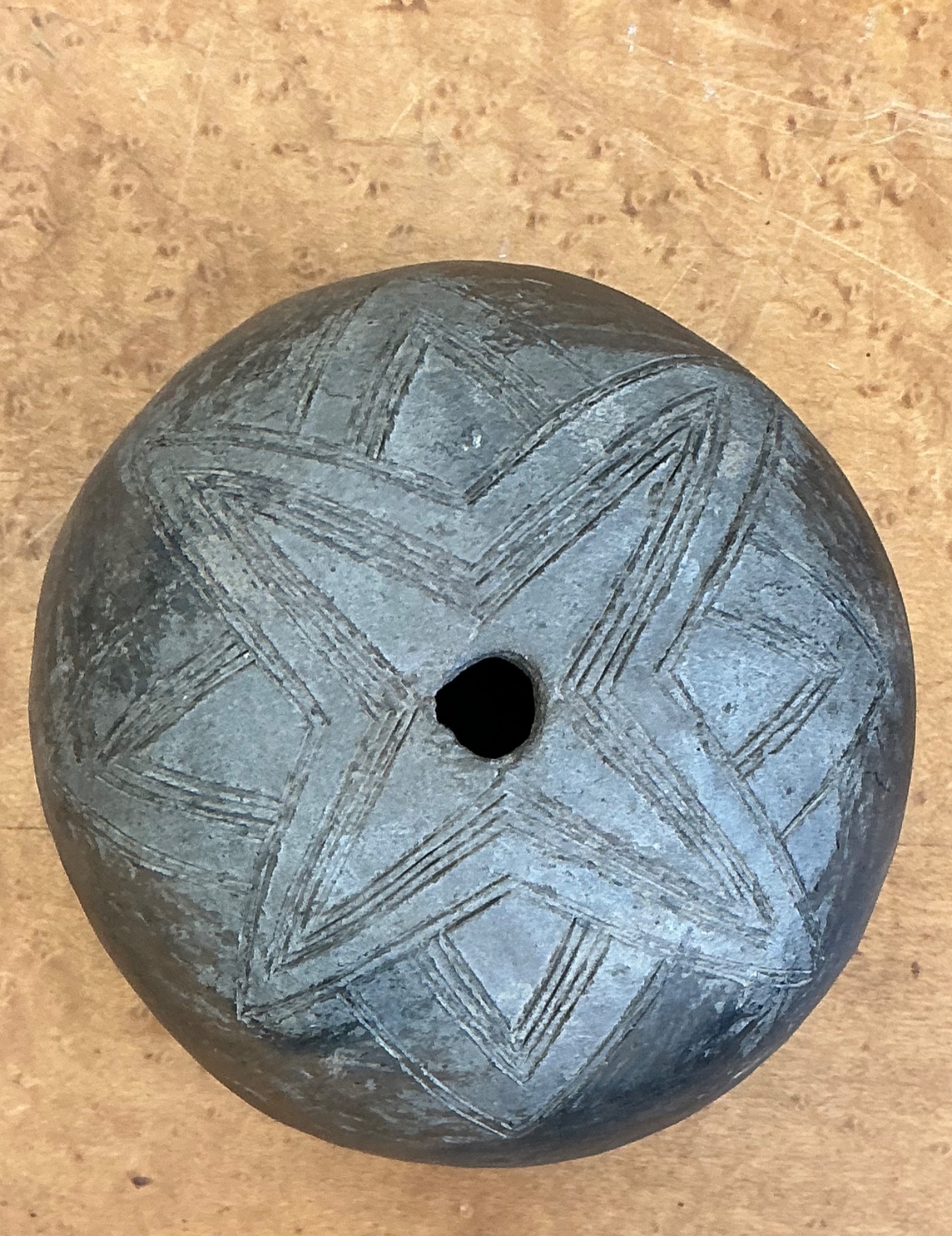 Vintage Geometric Patterned Ceramic Pot - Top view