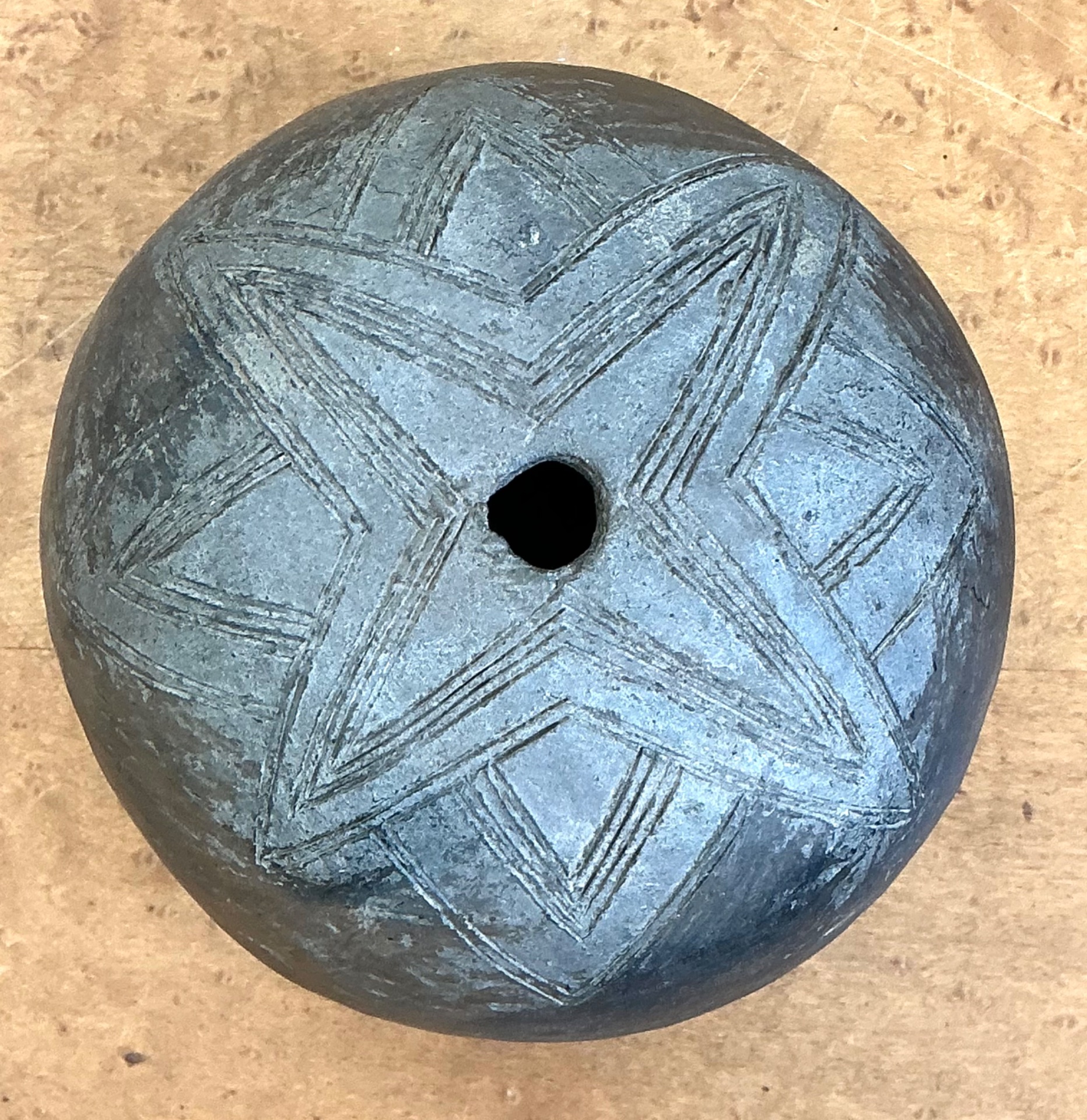 Vintage Geometric Patterned Ceramic Pot - Side view