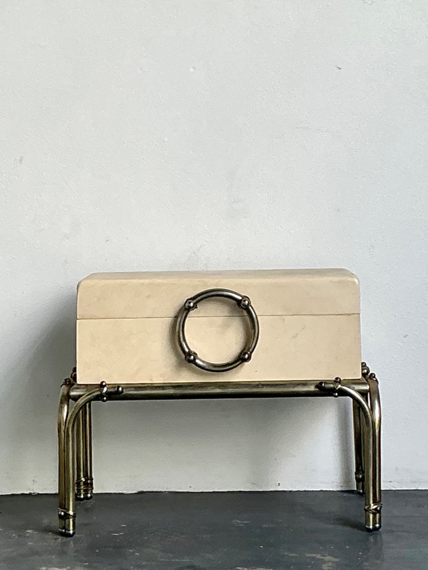 Vintage Brass and Parchment Box on Chrome Stand After Karl Springer - Back view