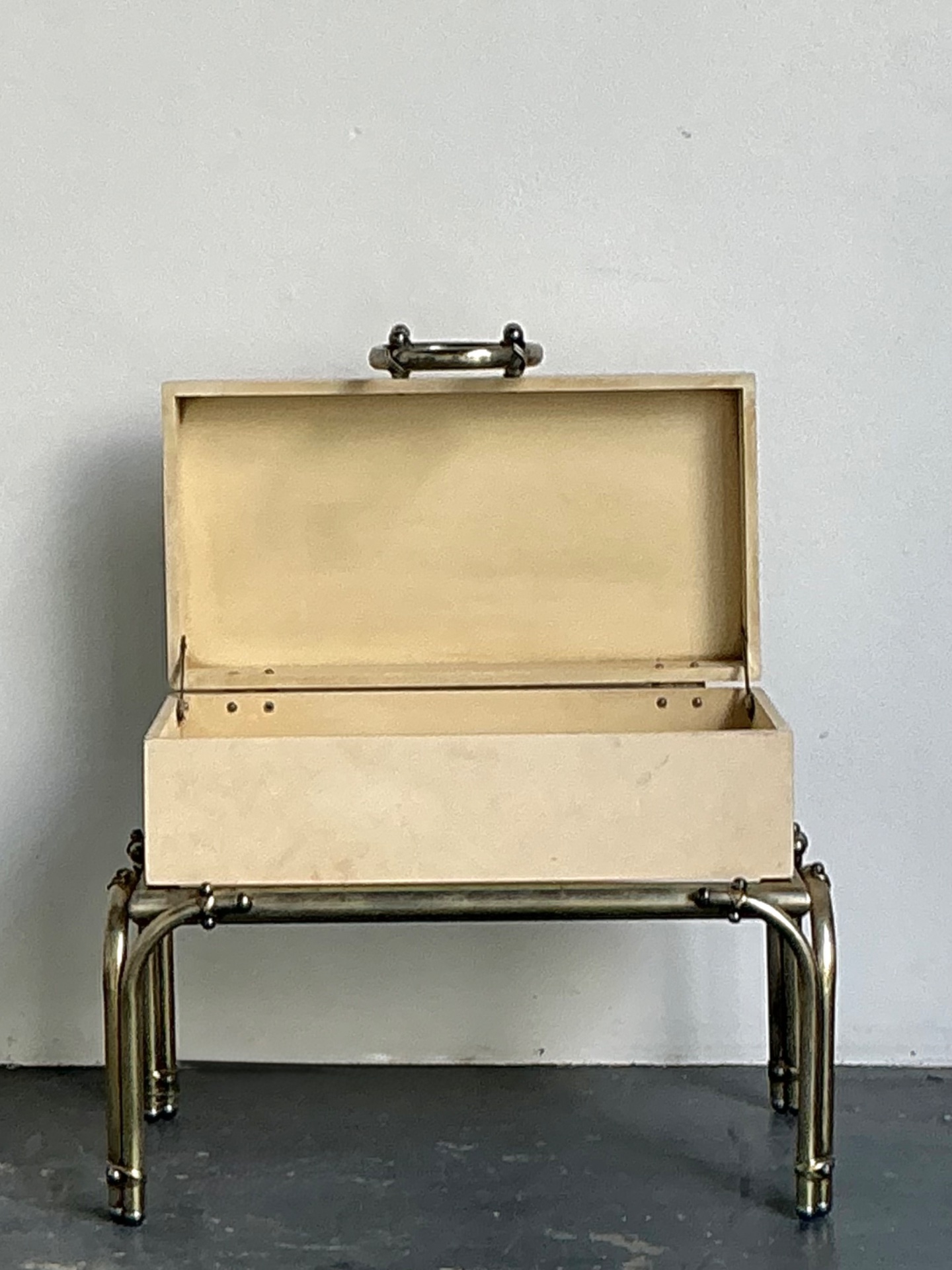 Vintage Brass and Parchment Box on Chrome Stand After Karl Springer - Side view