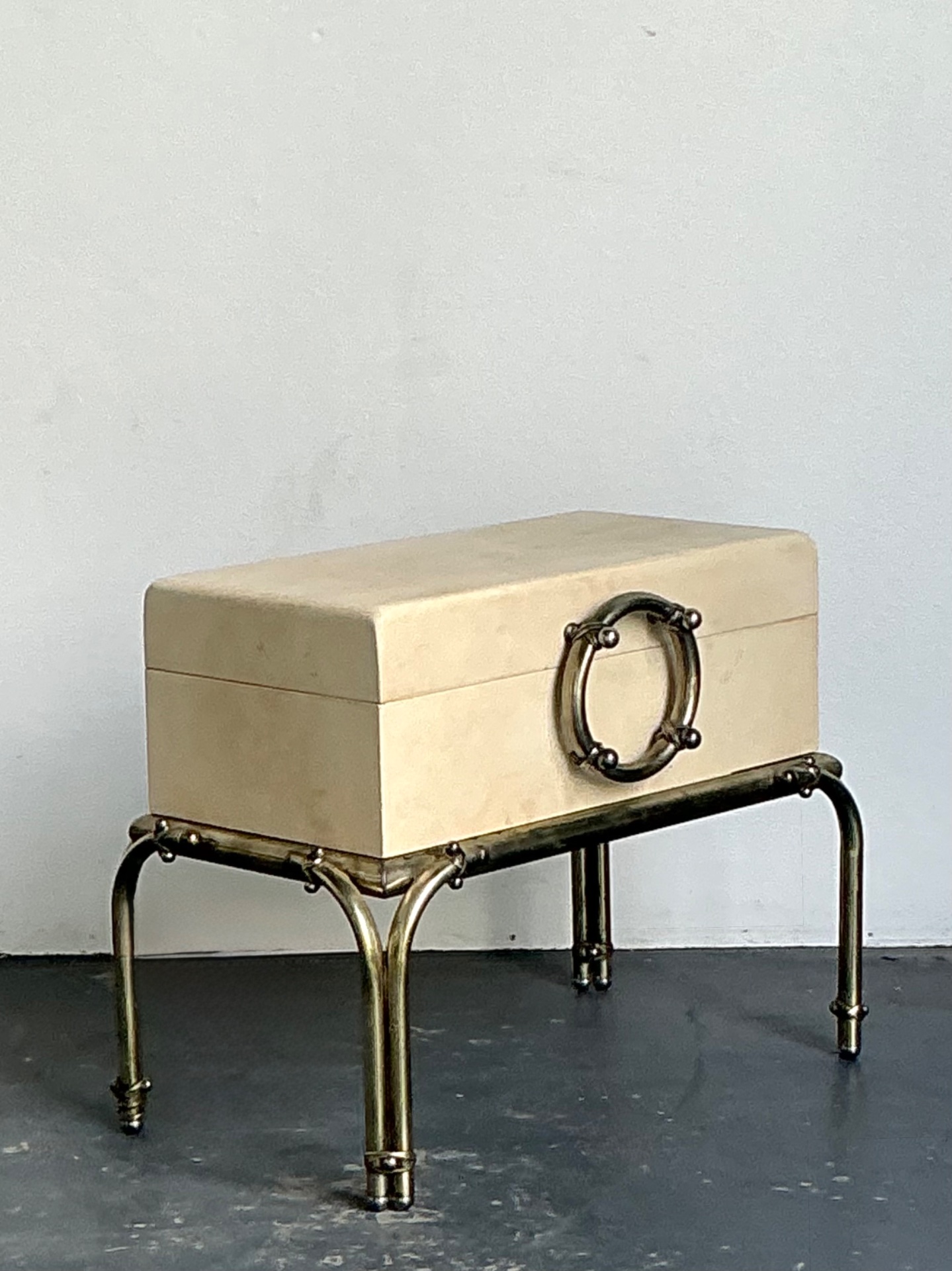 Vintage Brass and Parchment Box on Chrome Stand After Karl Springer - Top view