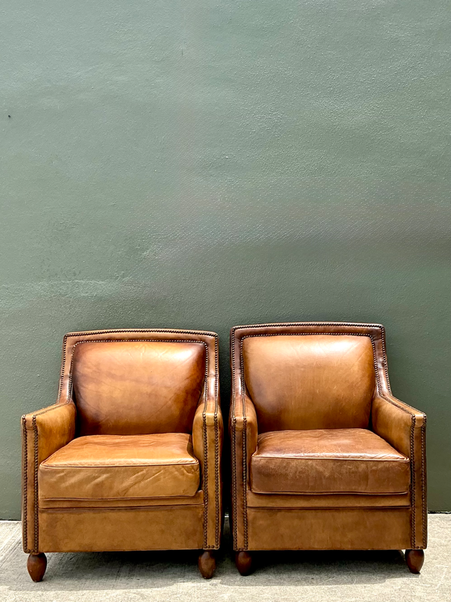 Vintage Nailhead Trim Leather Armchairs - Pair - Detail view