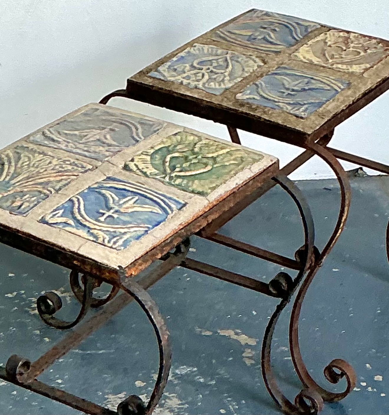 Vintage Italian Distressed Wrought Iron and Ceramic Tile Tables - Detail view