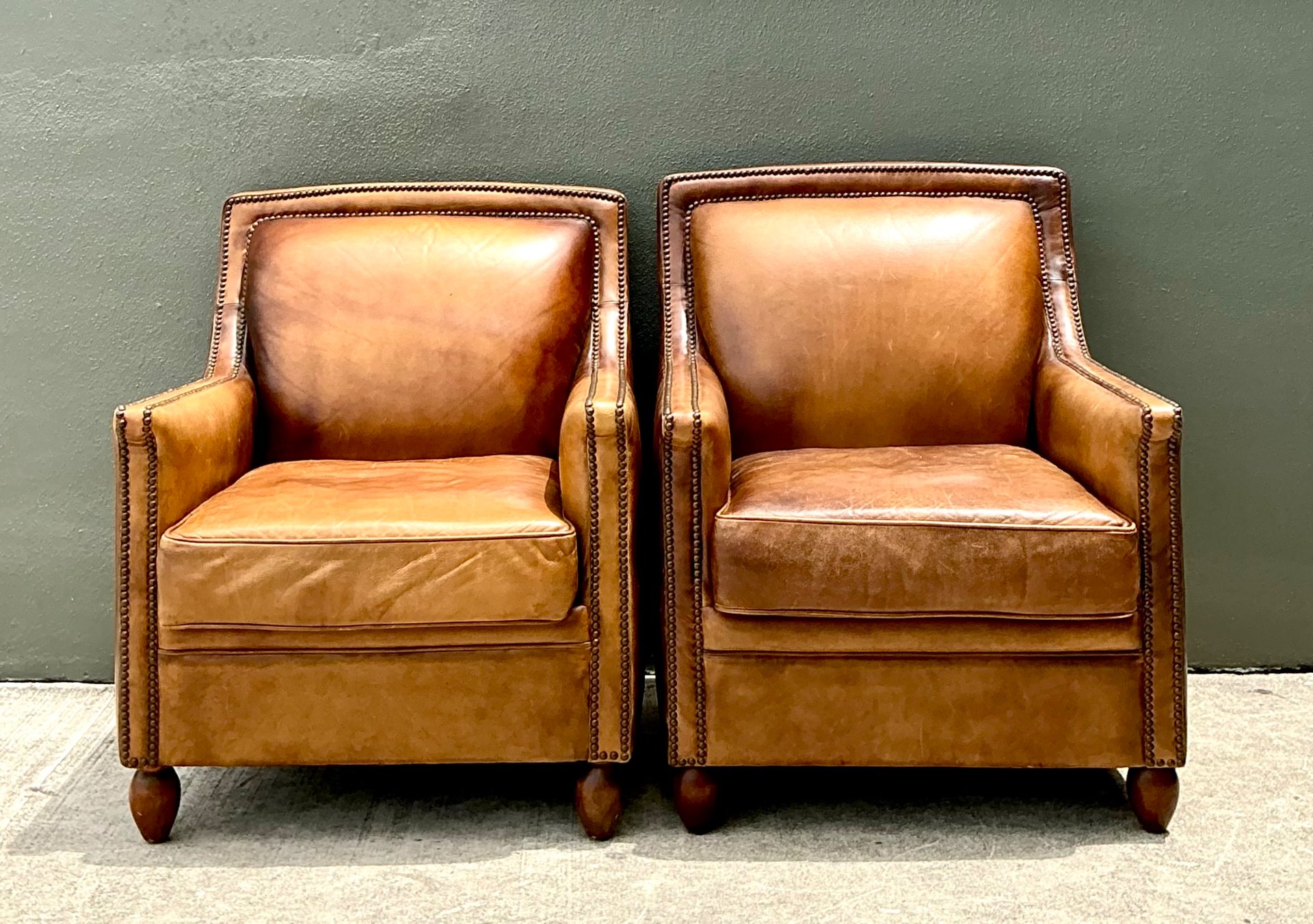 Vintage Nailhead Trim Leather Armchairs - Pair - Back view