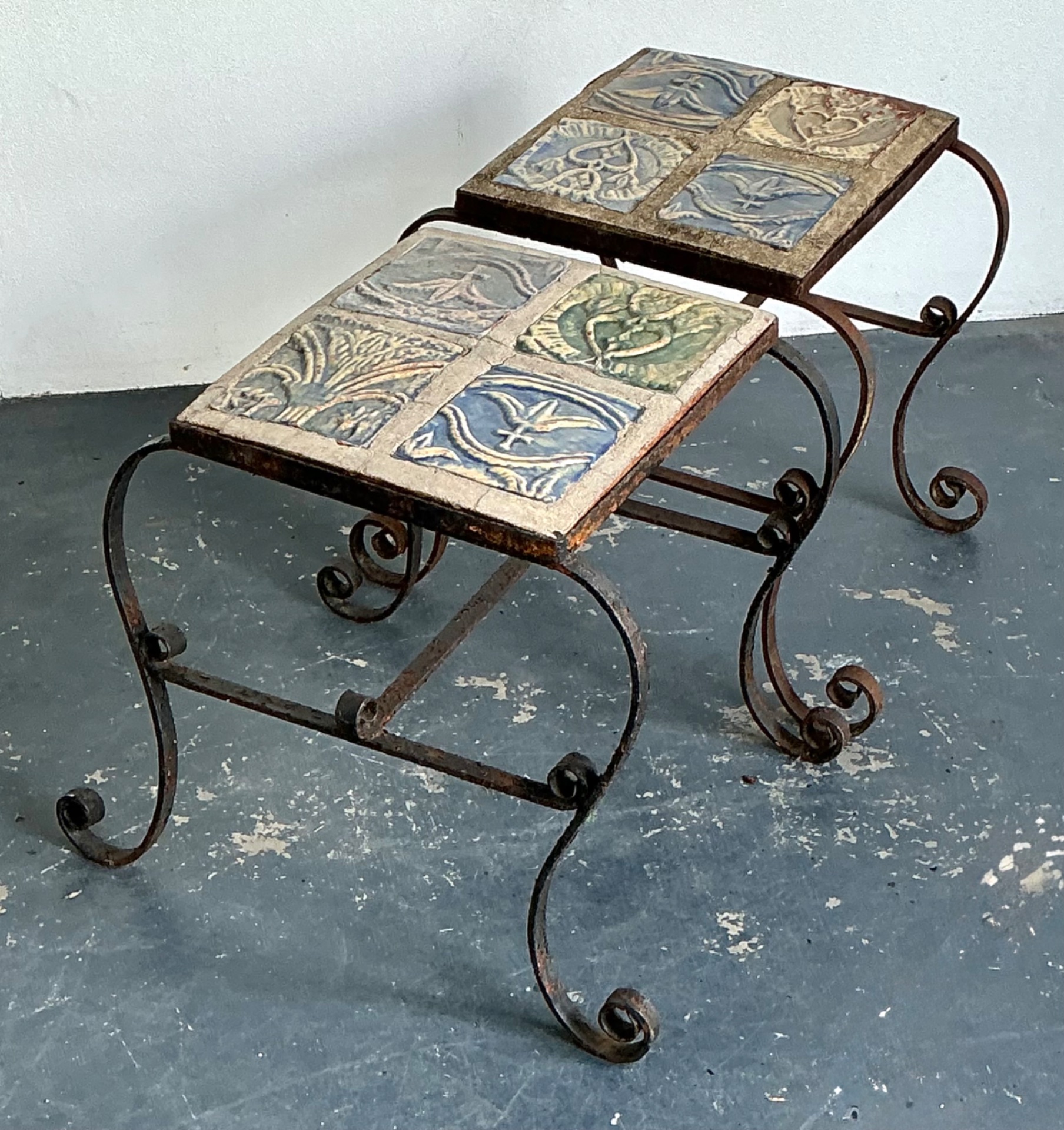 Vintage Italian Distressed Wrought Iron and Ceramic Tile Tables - Back view