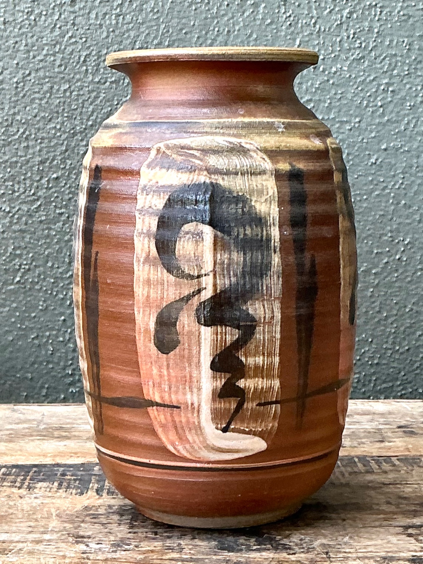 Vintage Handcrafted Ceramic Vase with Abstract Motif - Top view