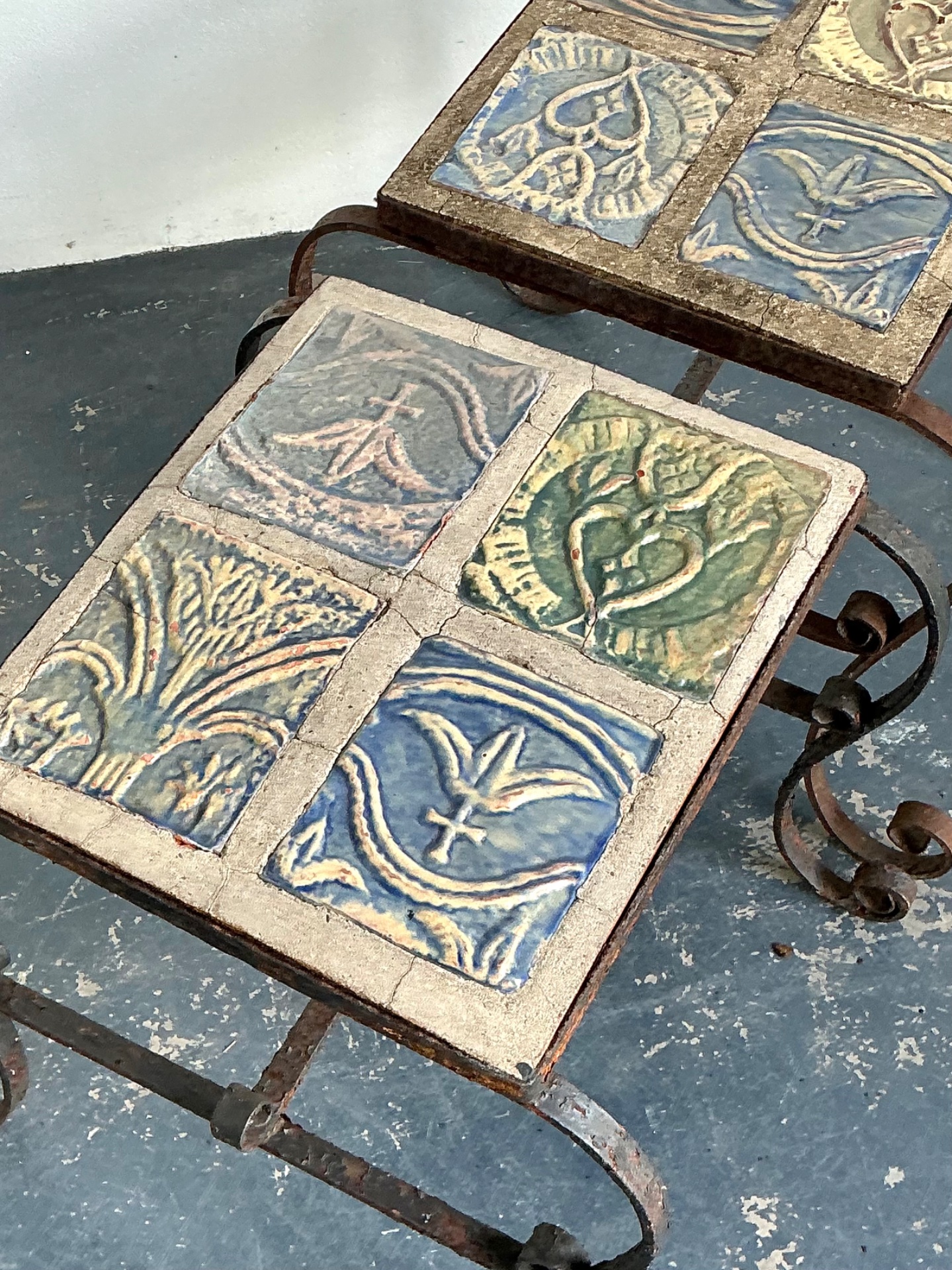 Vintage Italian Distressed Wrought Iron and Ceramic Tile Tables - Top view