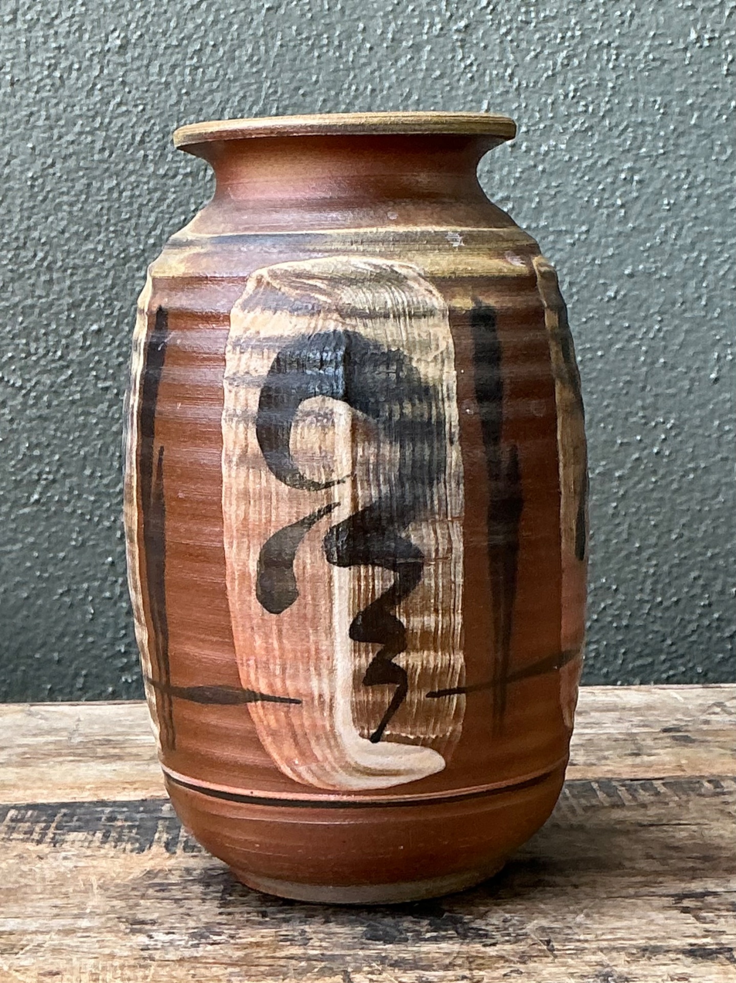 Vintage Handcrafted Ceramic Vase with Abstract Motif - Back view
