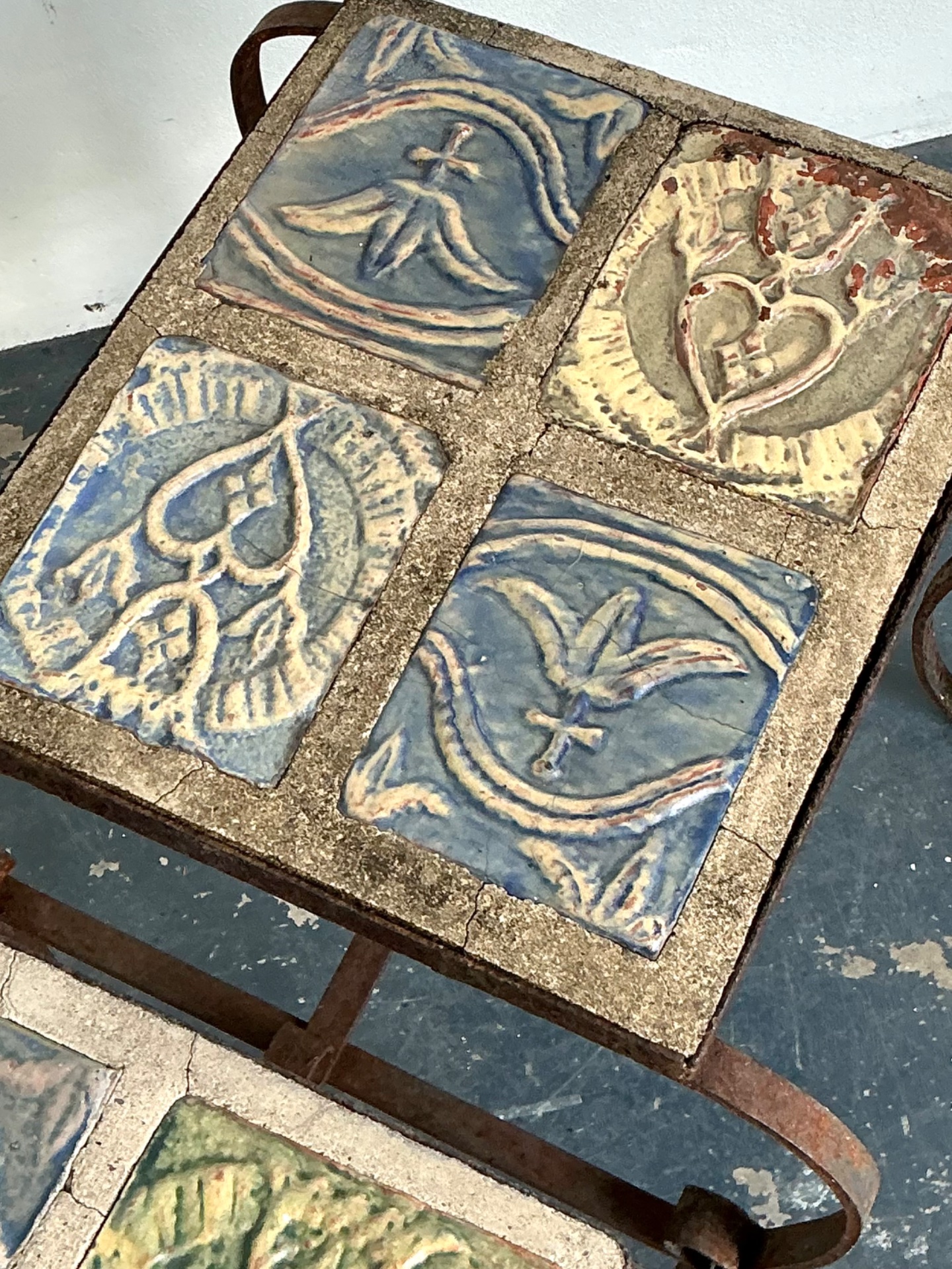 Vintage Italian Distressed Wrought Iron and Ceramic Tile Tables - Side view