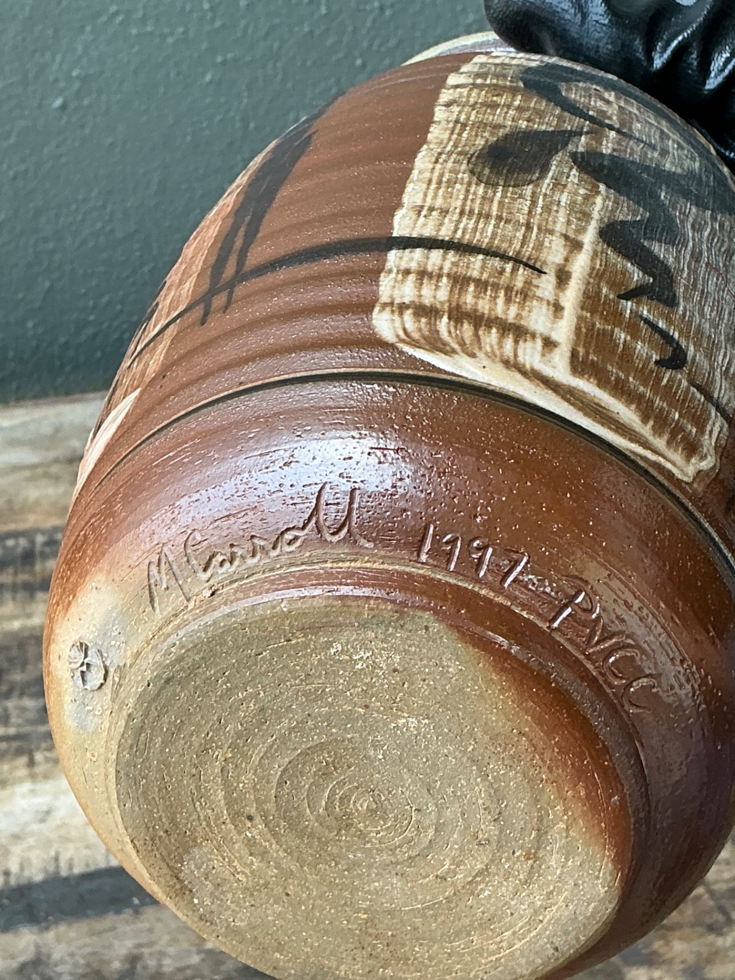 Vintage Handcrafted Ceramic Vase with Abstract Motif - Top view