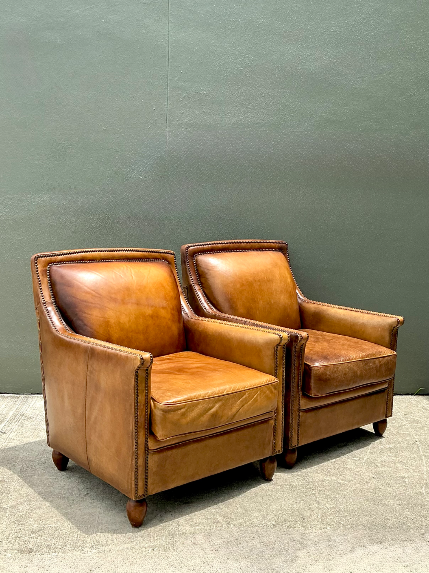 Vintage Nailhead Trim Leather Armchairs - Pair - Side view