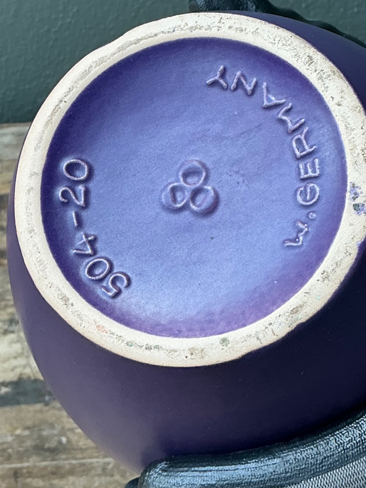 Vintage West German Handcrafted Purple Ceramic Vessel - Side view