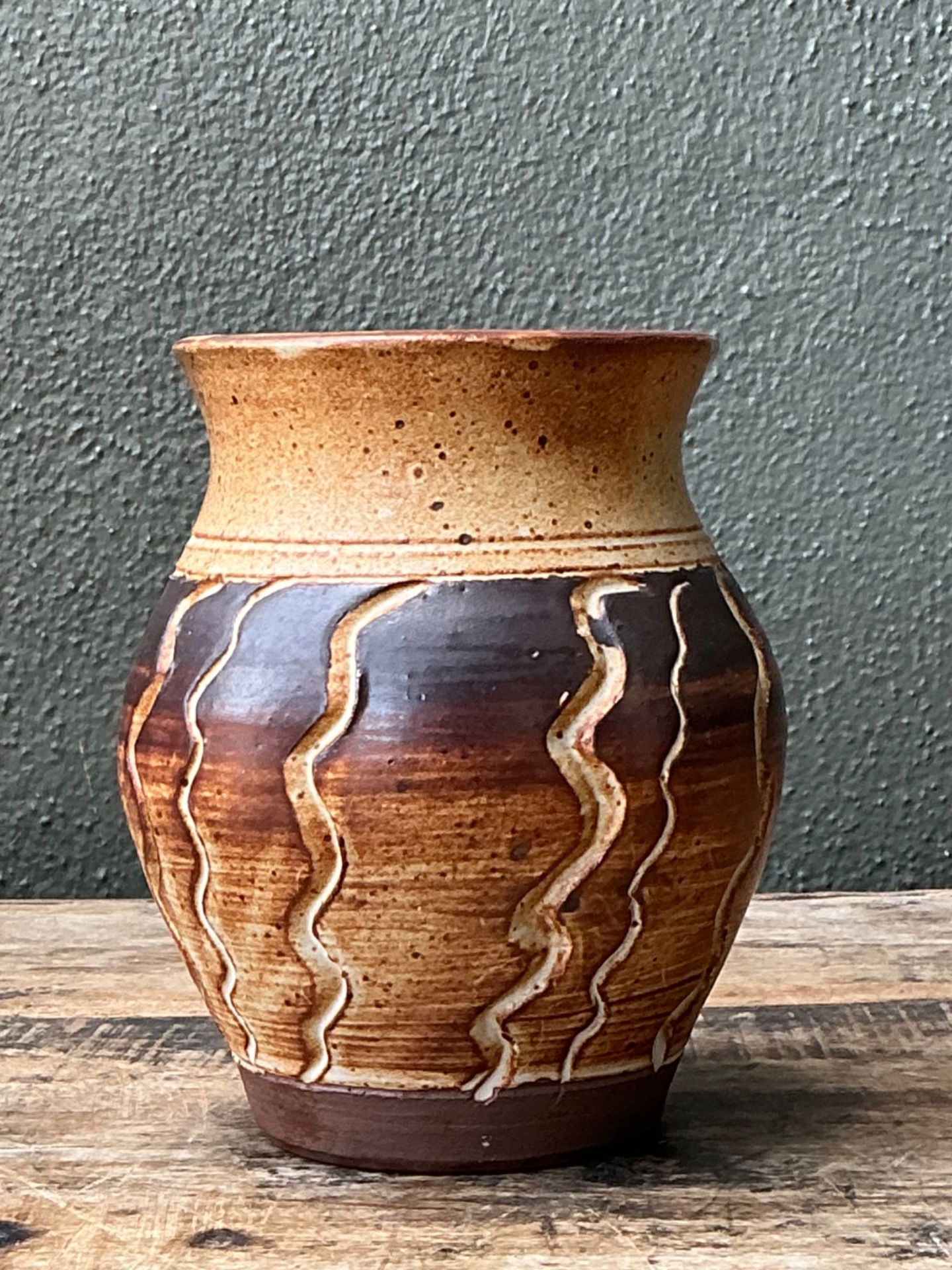 Vintage Handcrafted Ceramic Vase with Wave Motif - Side view