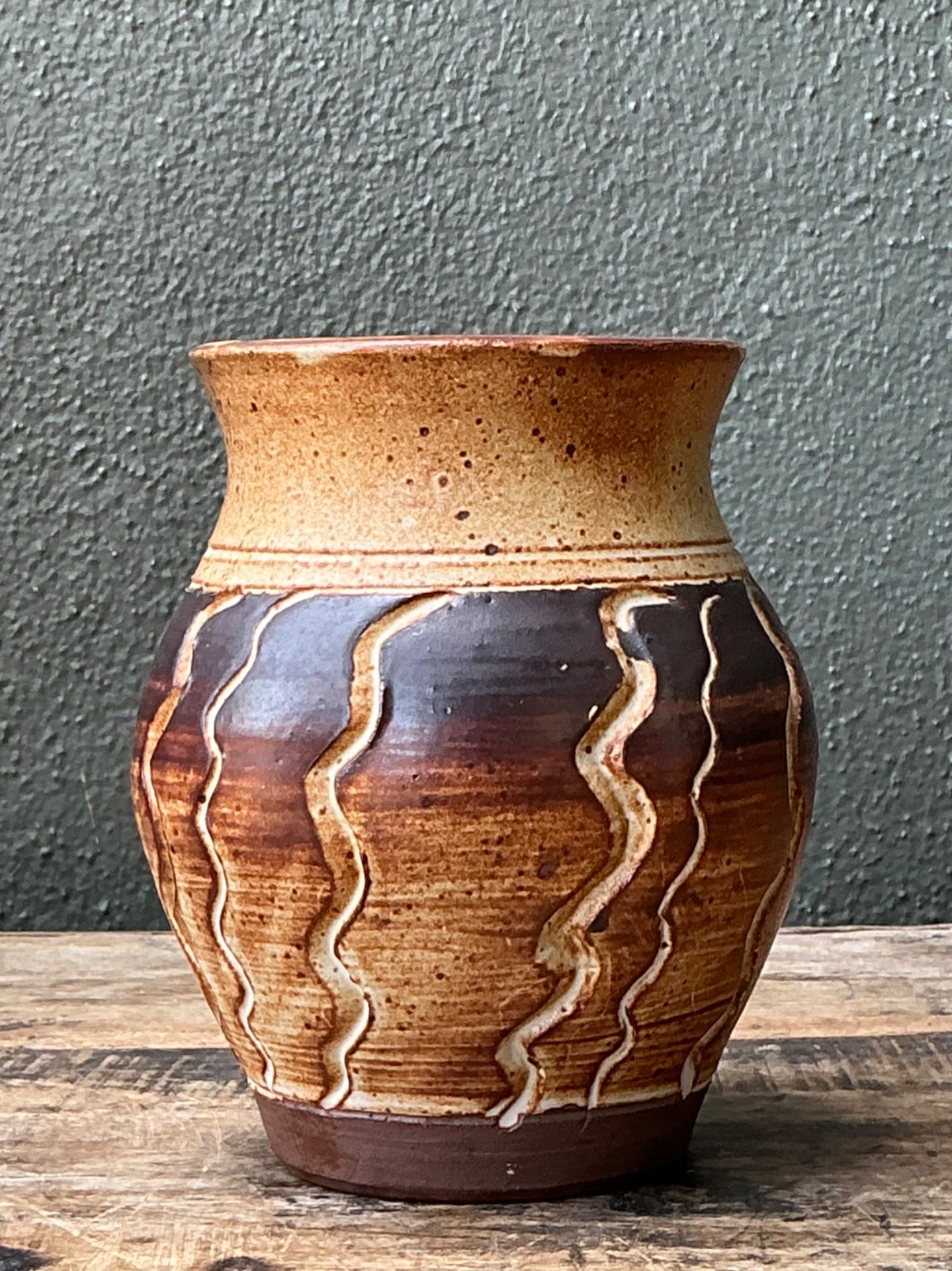 Vintage Handcrafted Ceramic Vase with Wave Motif - Top view