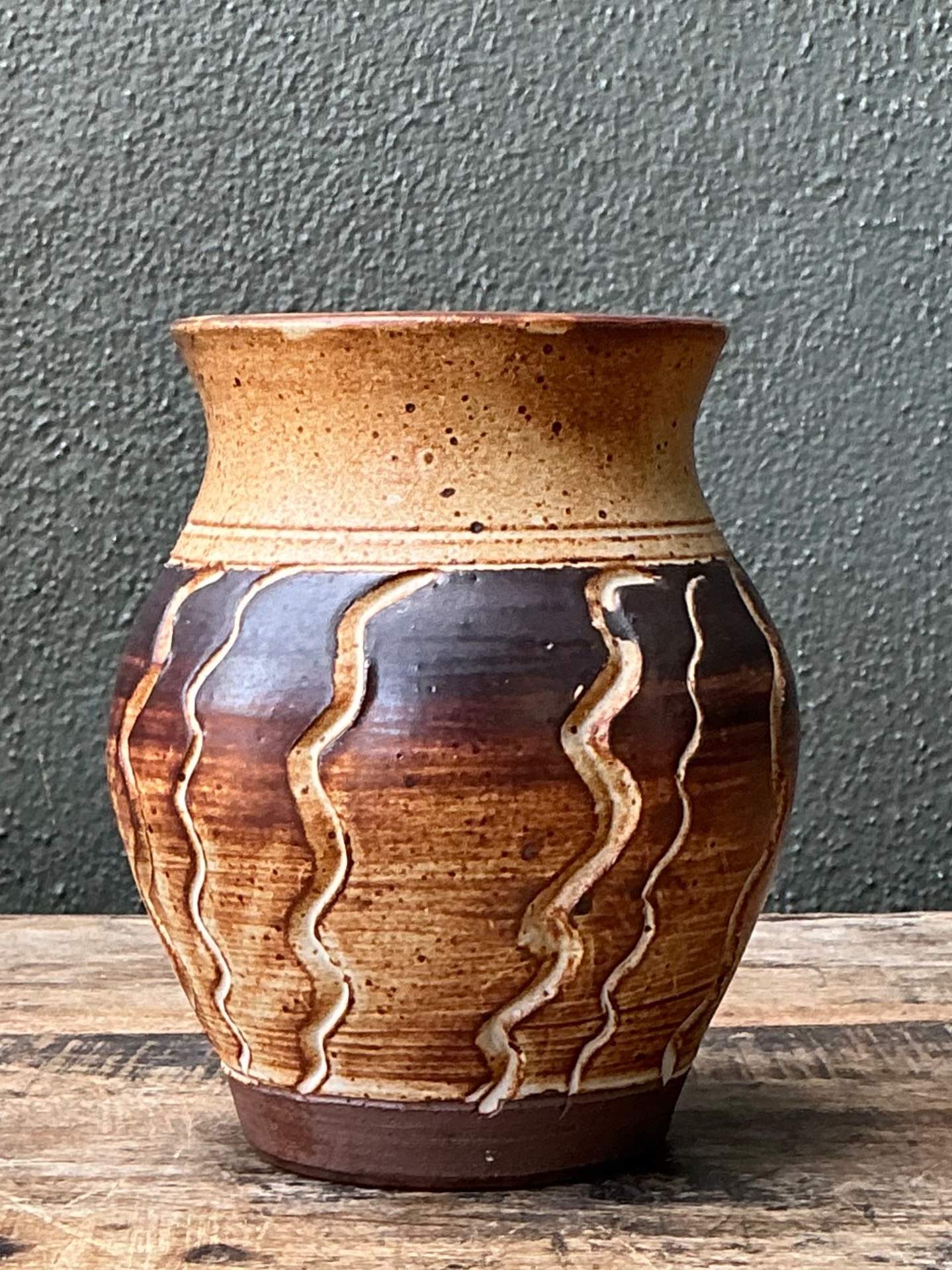 Vintage Handcrafted Ceramic Vase with Wave Motif - Side view
