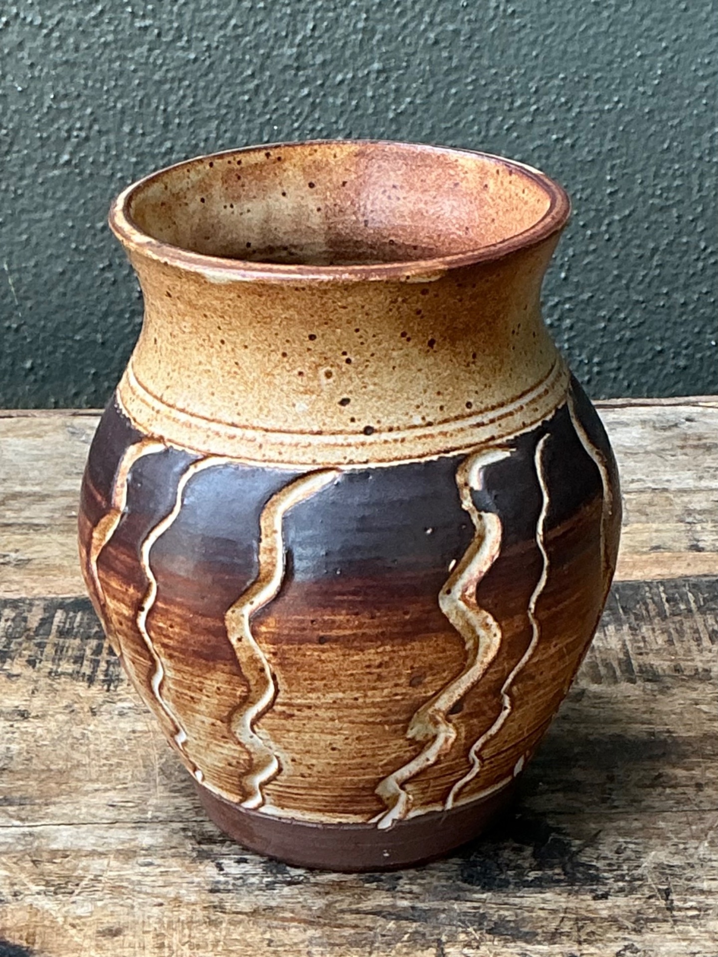 Vintage Handcrafted Ceramic Vase with Wave Motif - Back view