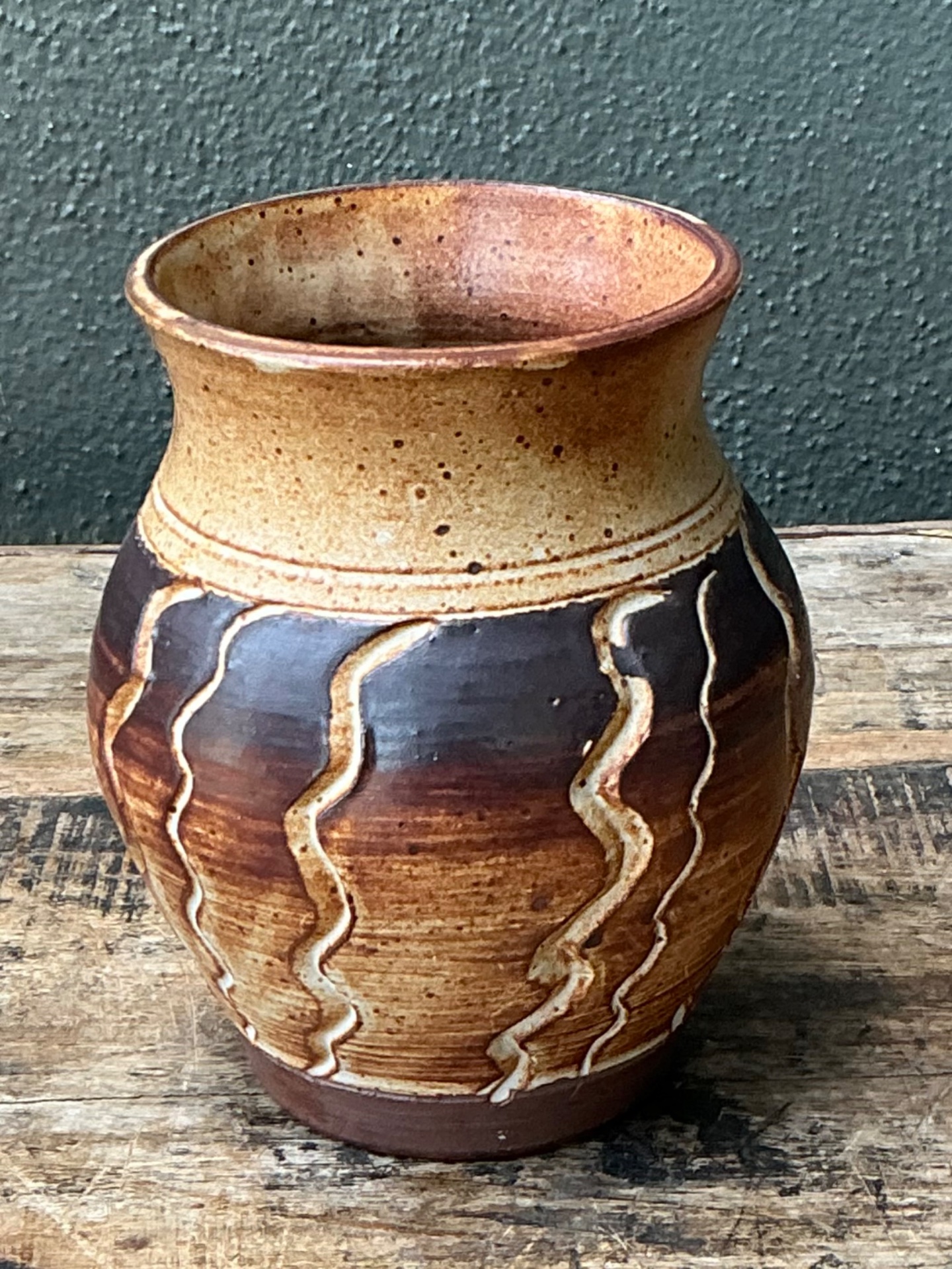 Vintage Handcrafted Ceramic Vase with Wave Motif - Top view