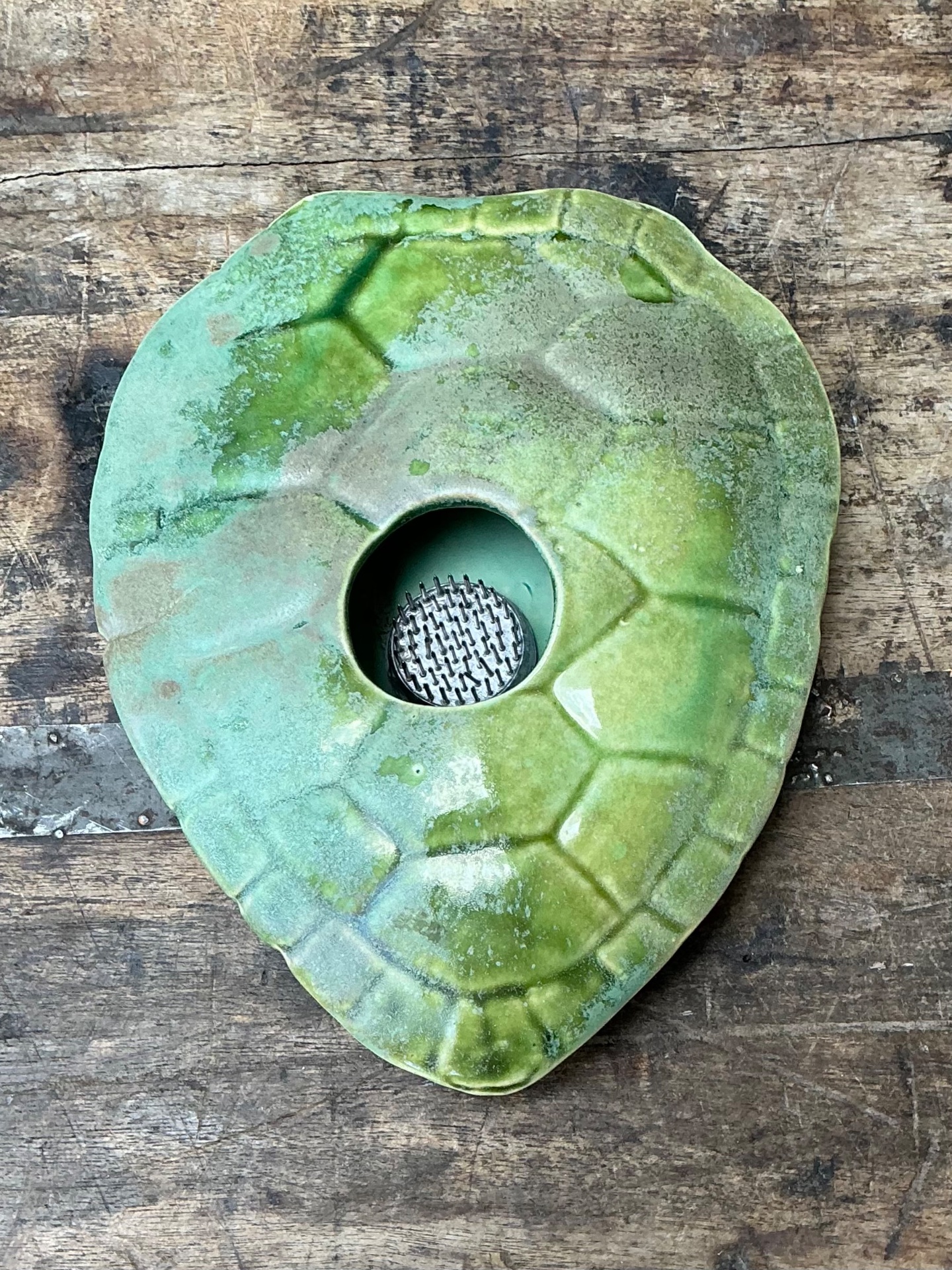 Vintage Green Ceramic Turtle Flower Frog - Back view