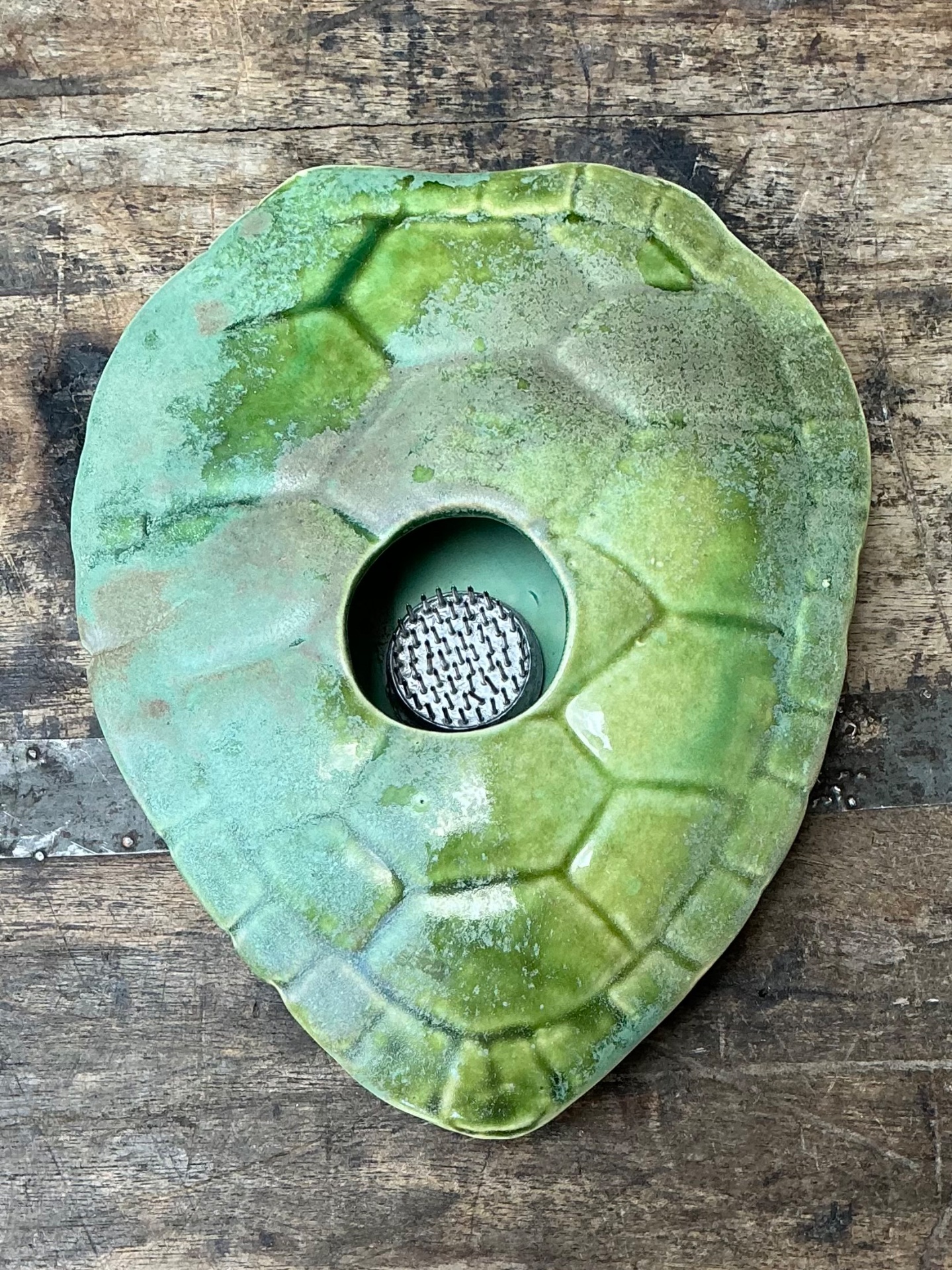 Vintage Green Ceramic Turtle Flower Frog - Top view