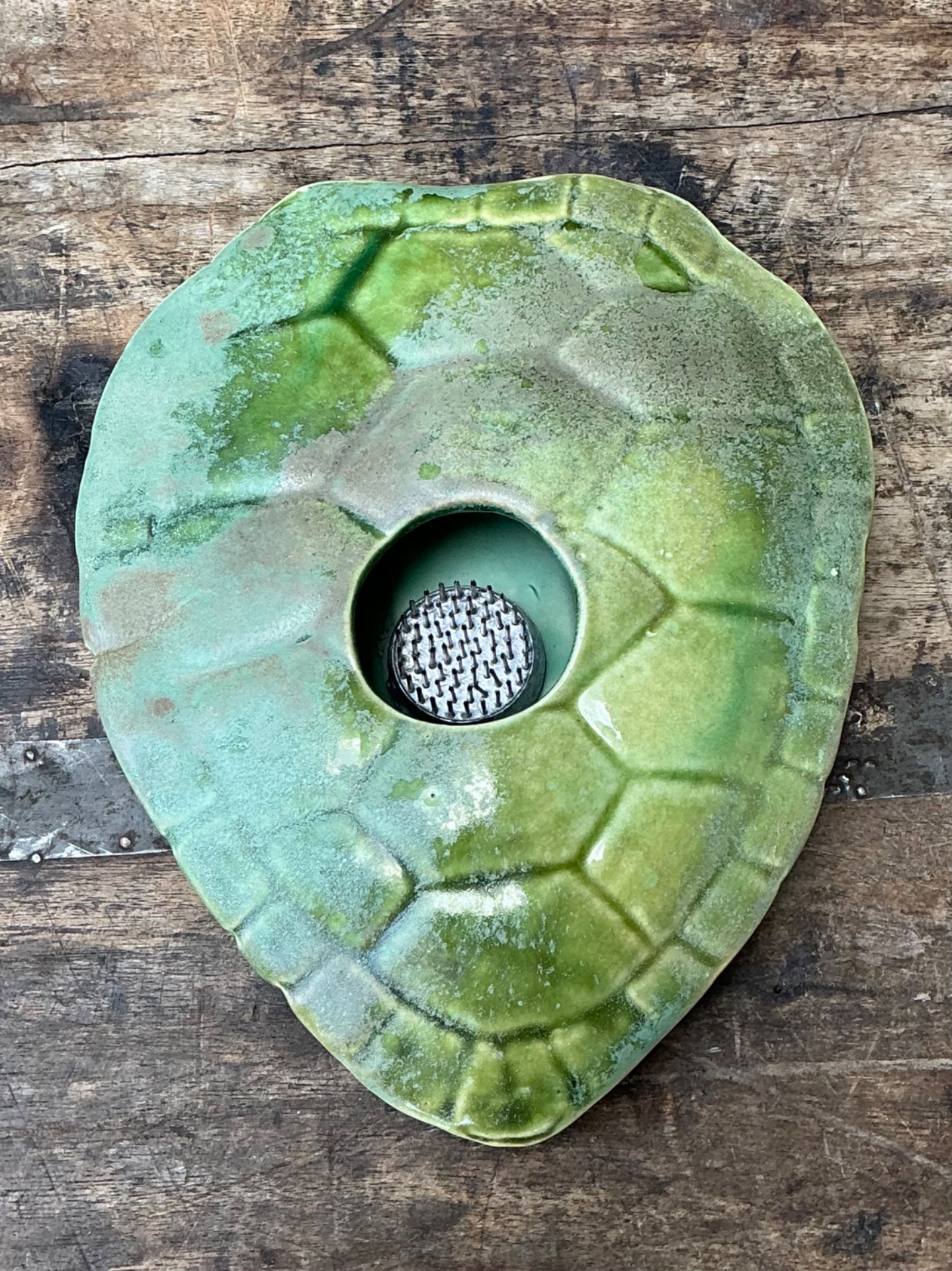Vintage Green Ceramic Turtle Flower Frog - Top view