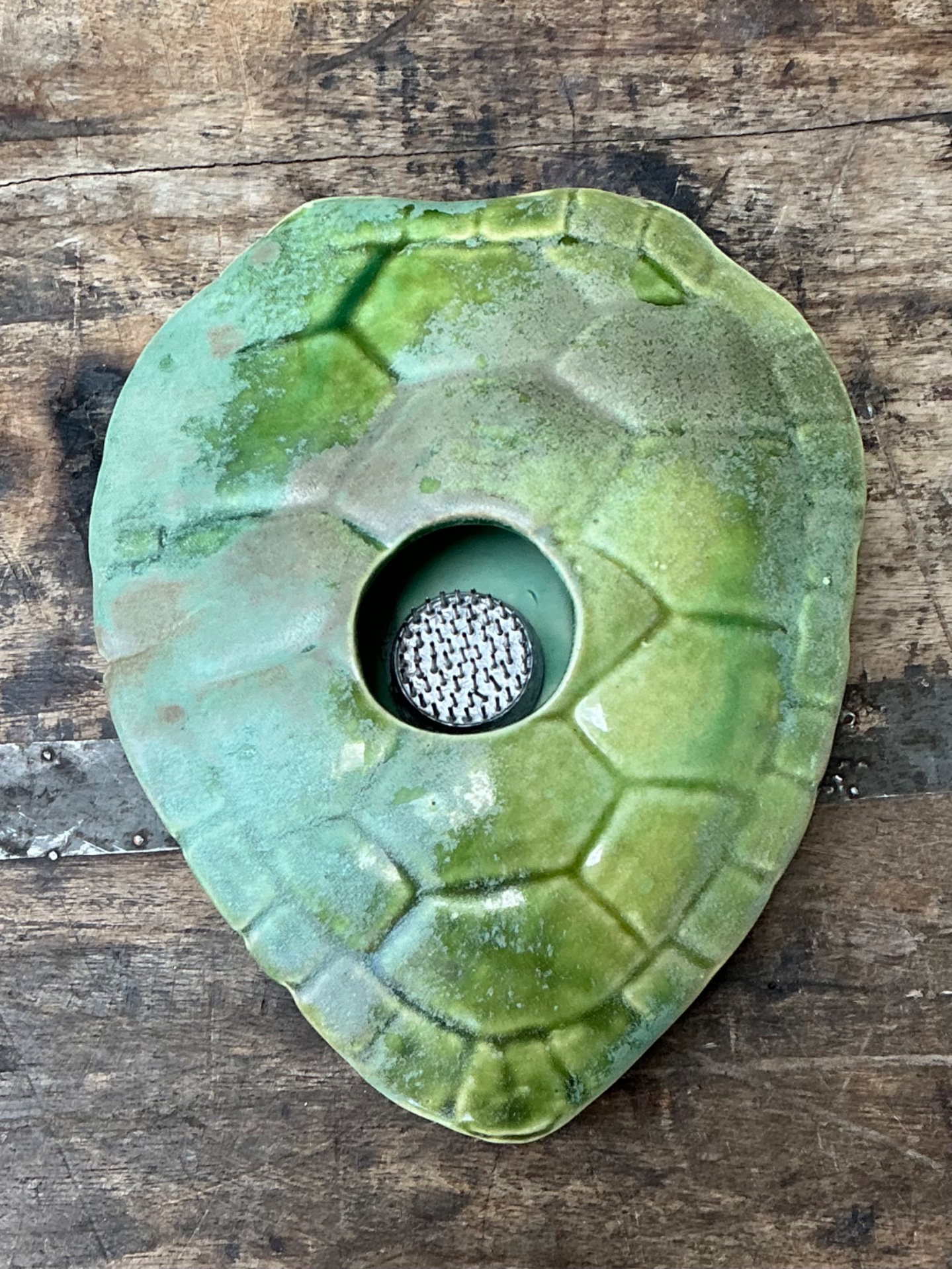 Vintage Green Ceramic Turtle Flower Frog - Side view