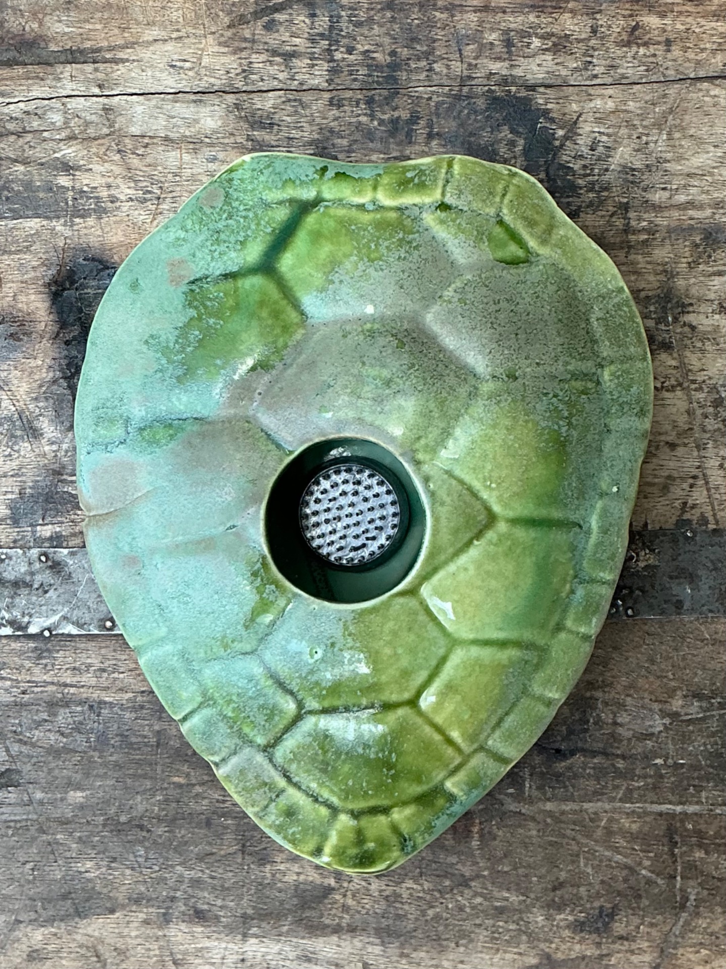 Vintage Green Ceramic Turtle Flower Frog - Side view