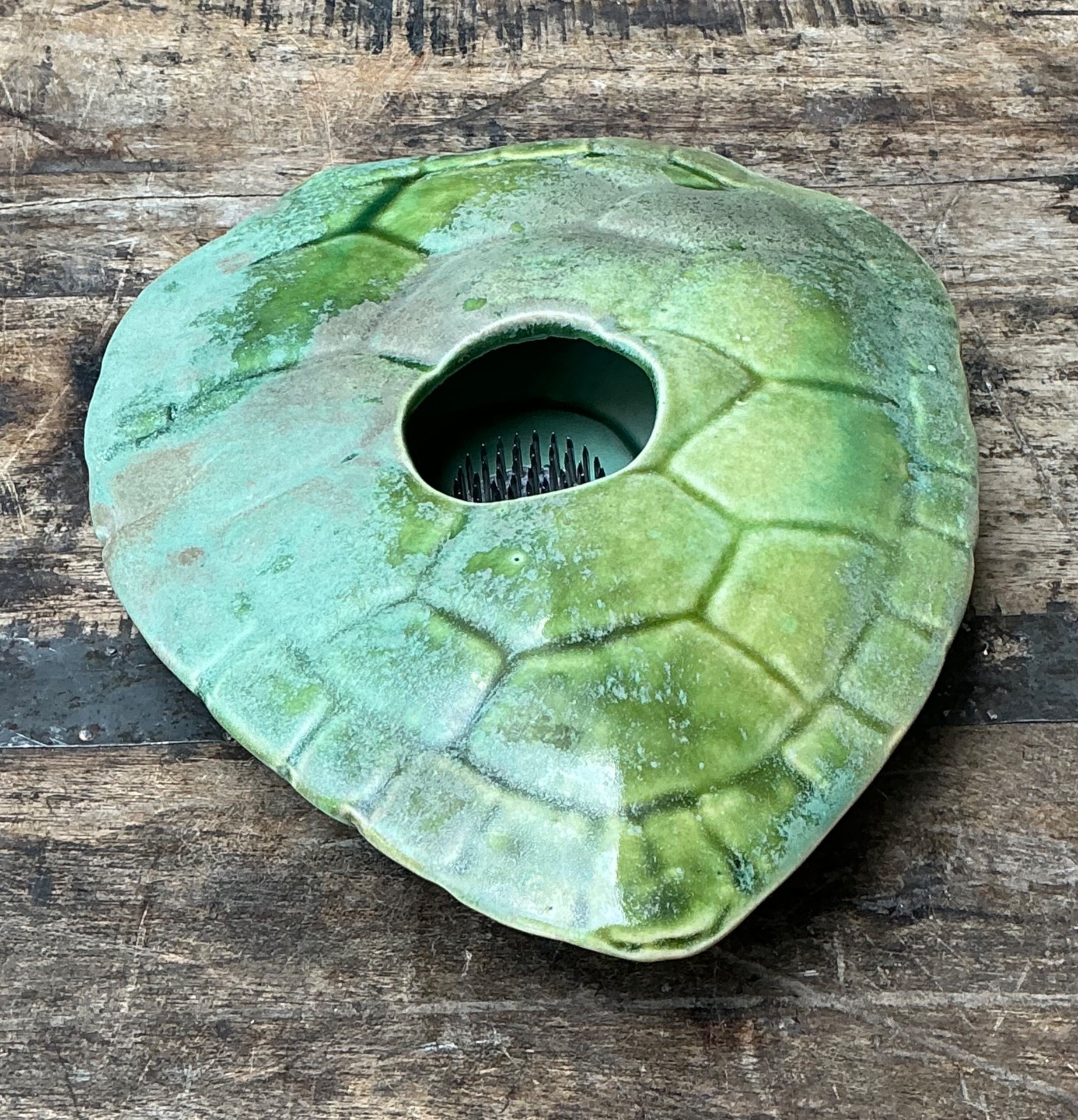 Vintage Green Ceramic Turtle Flower Frog - Back view