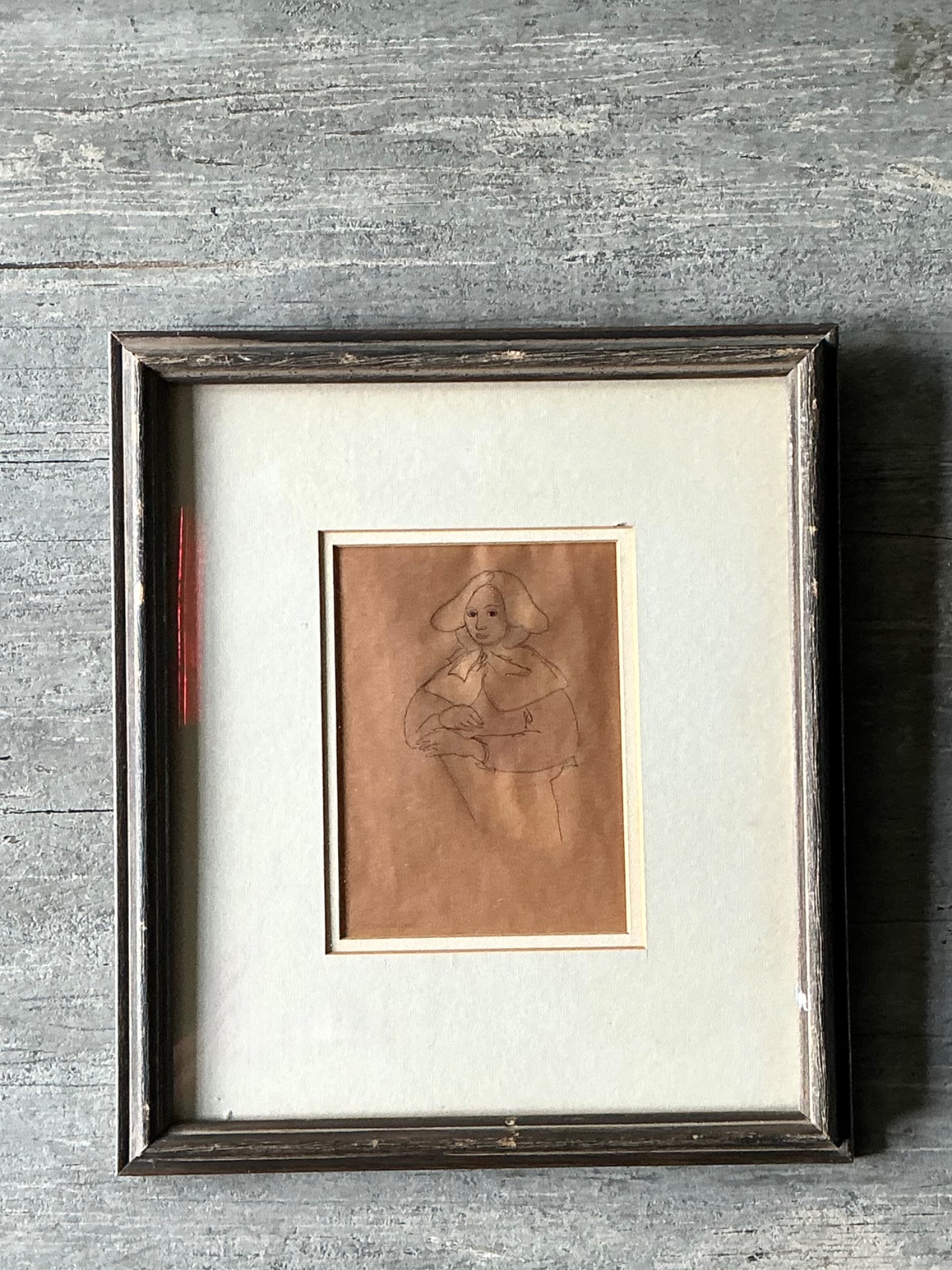 Vintage Portrait Drawing in Frame - Back view