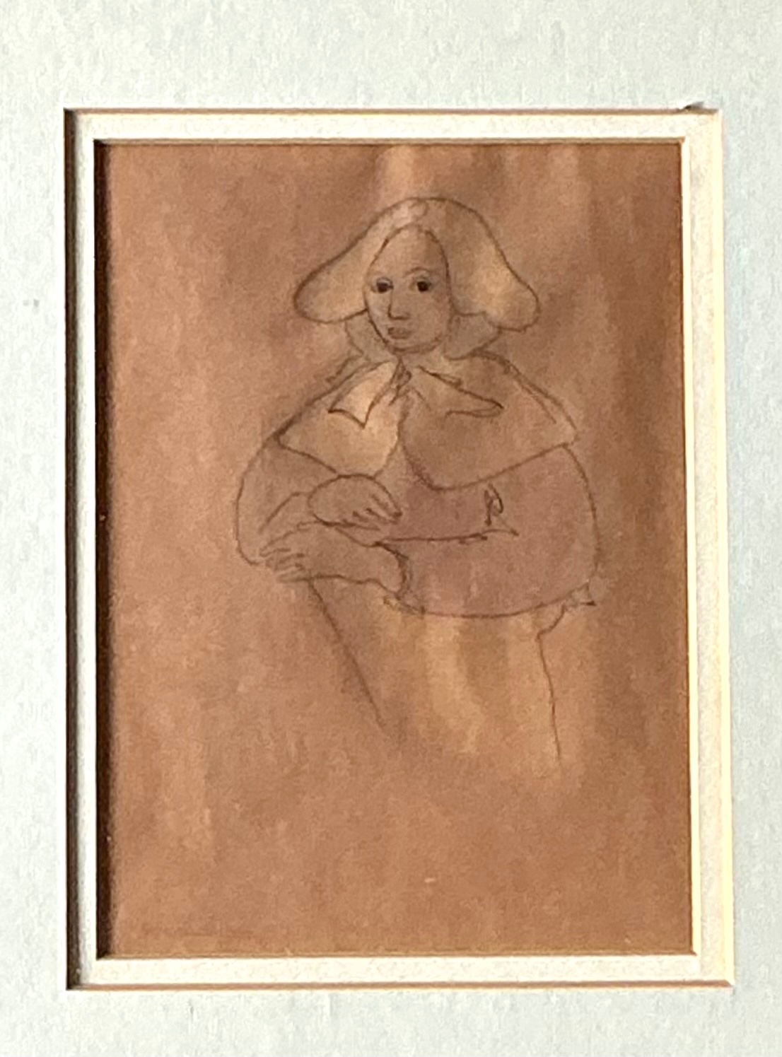 Vintage Portrait Drawing in Frame - Detail view