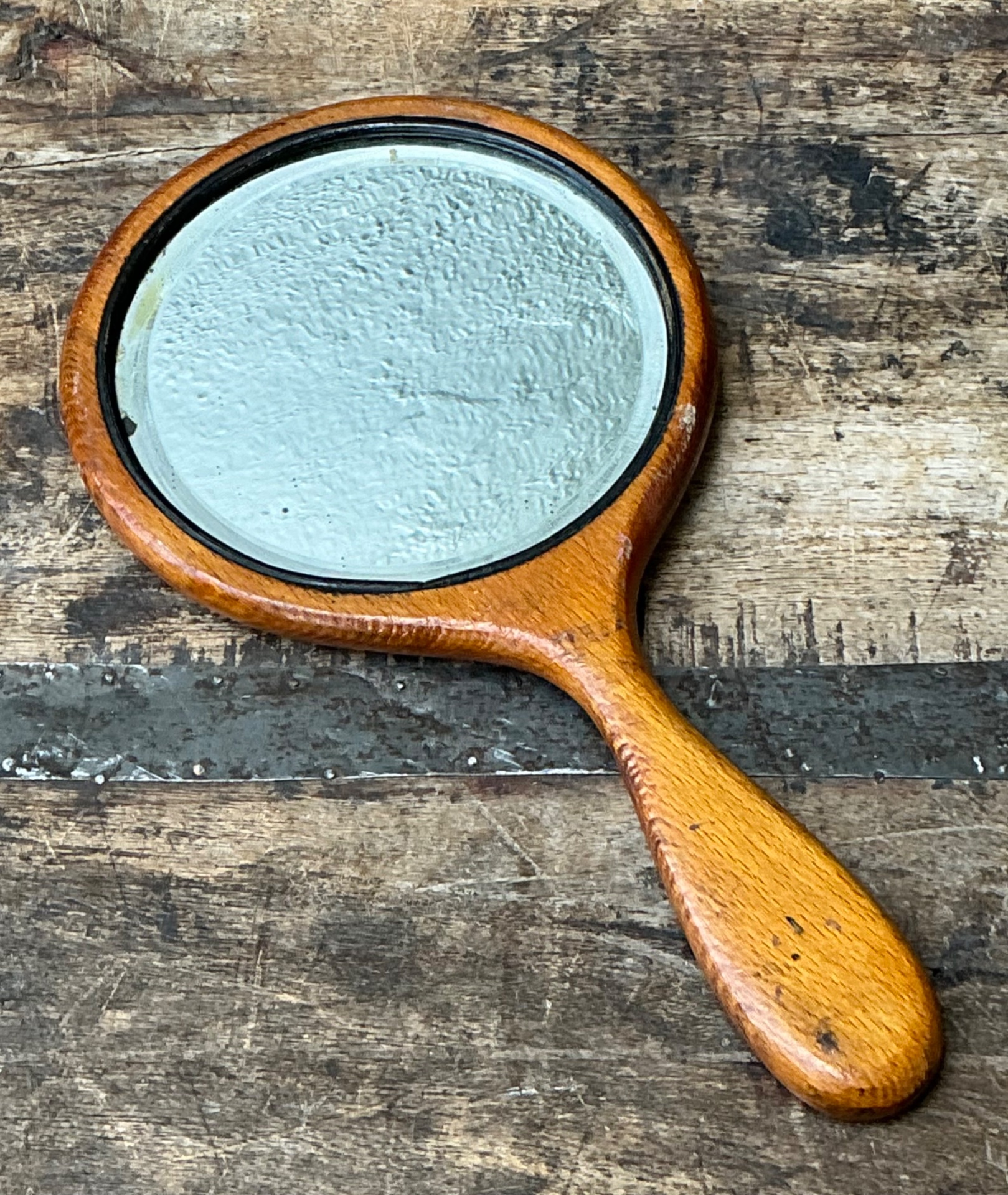 Vintage Art Nouveau Carved Wood Handheld Mirror - Top view
