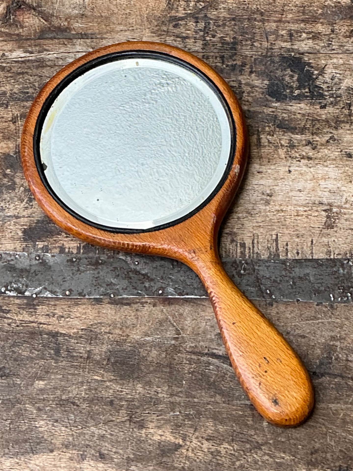 Vintage Art Nouveau Carved Wood Handheld Mirror - Detail view