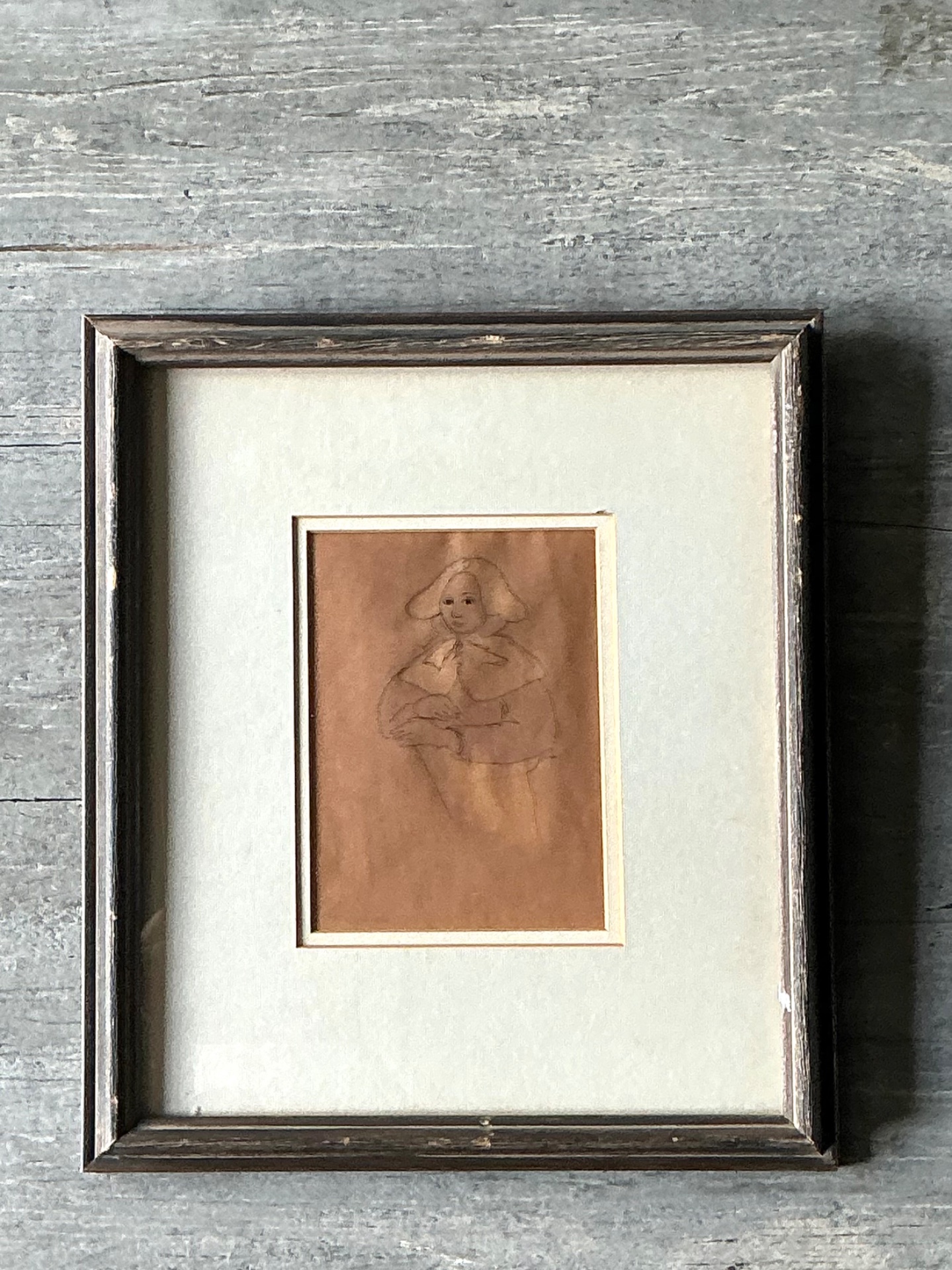 Vintage Portrait Drawing in Frame - Top view