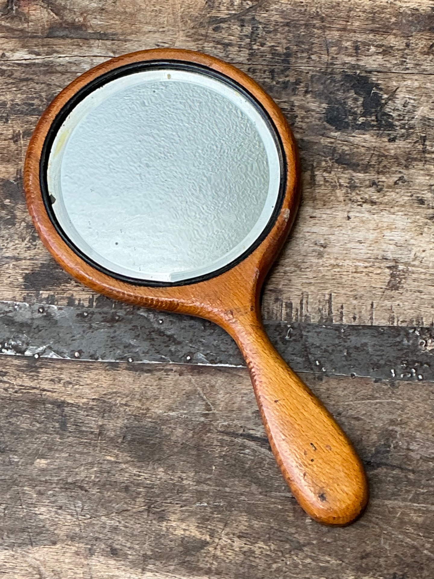 Vintage Art Nouveau Carved Wood Handheld Mirror - Back view