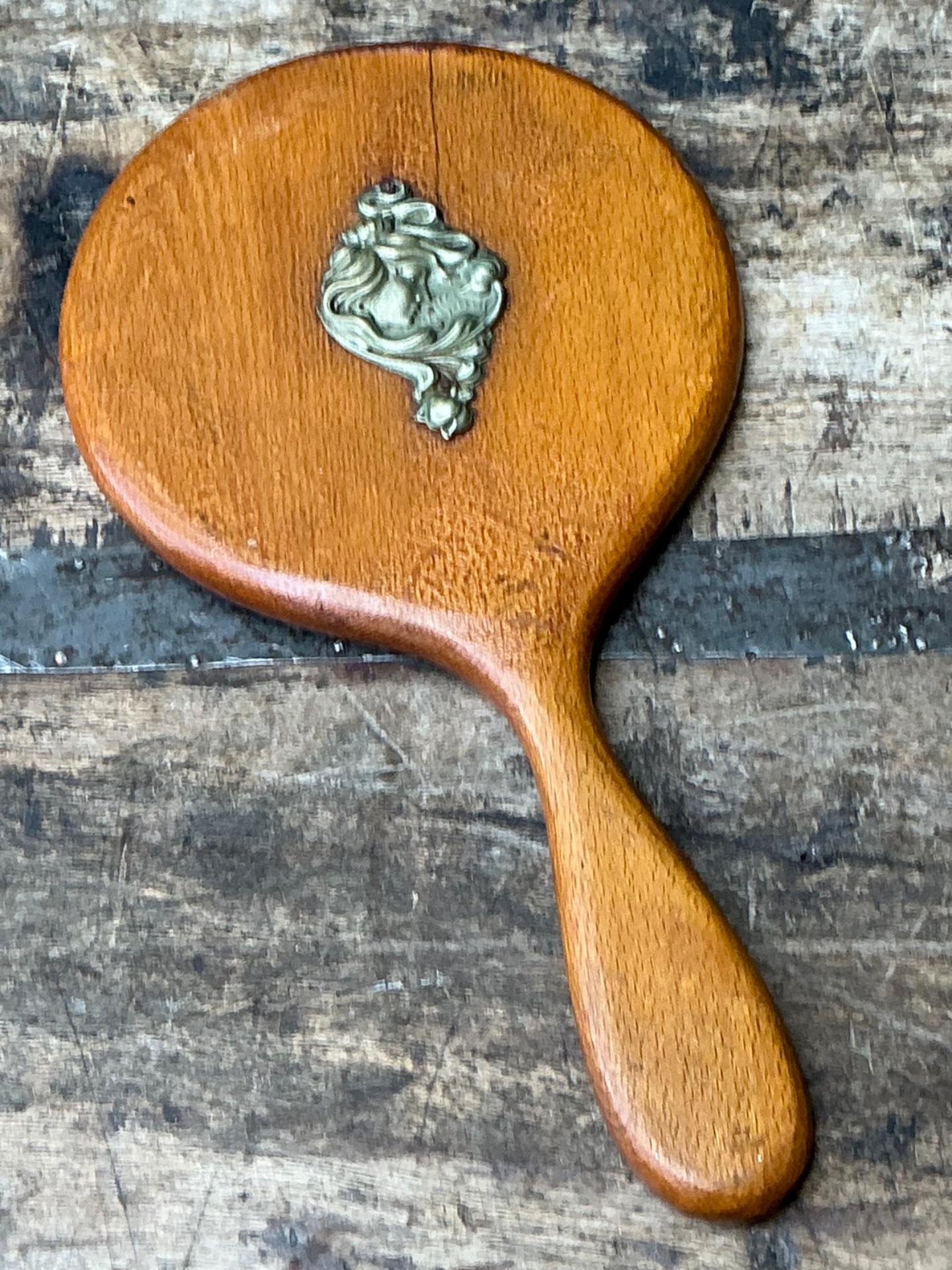 Vintage Art Nouveau Carved Wood Handheld Mirror - Side view