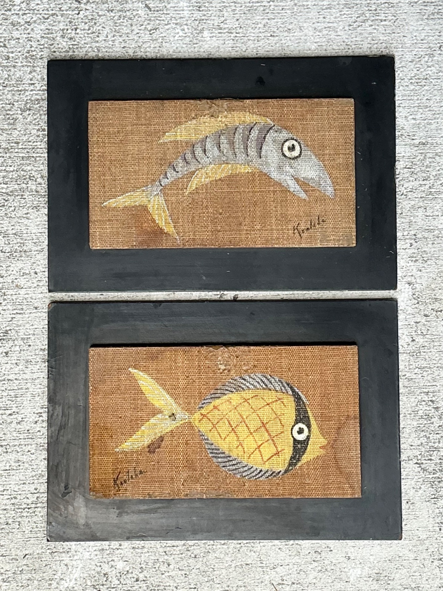Vintage MCM Fish Motif Paintings on Burlap - Pair - Back view