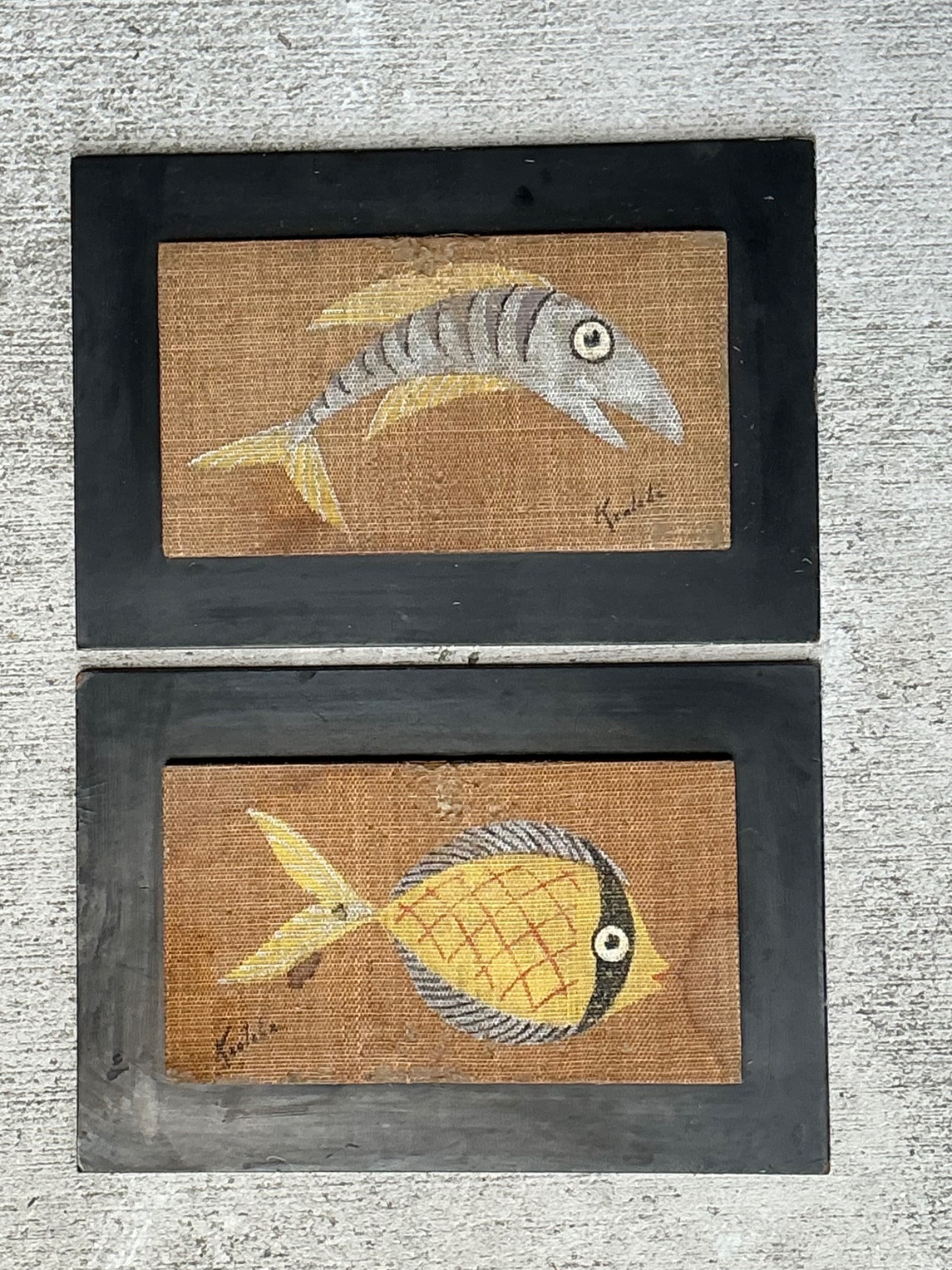 Vintage MCM Fish Motif Paintings on Burlap - Pair - Detail view