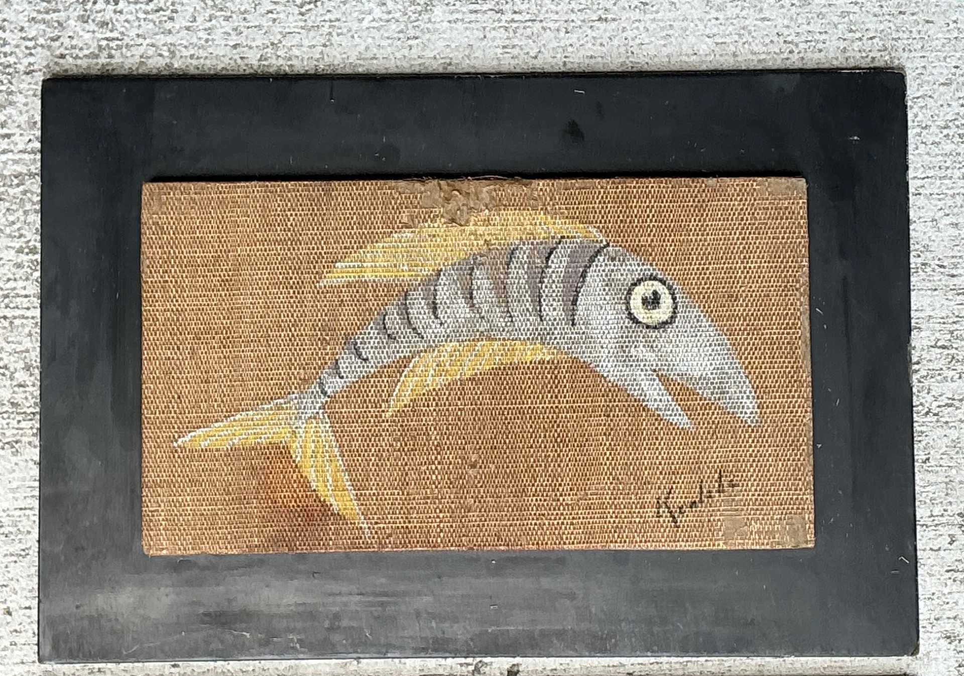 Vintage MCM Fish Motif Paintings on Burlap - Pair - Side view