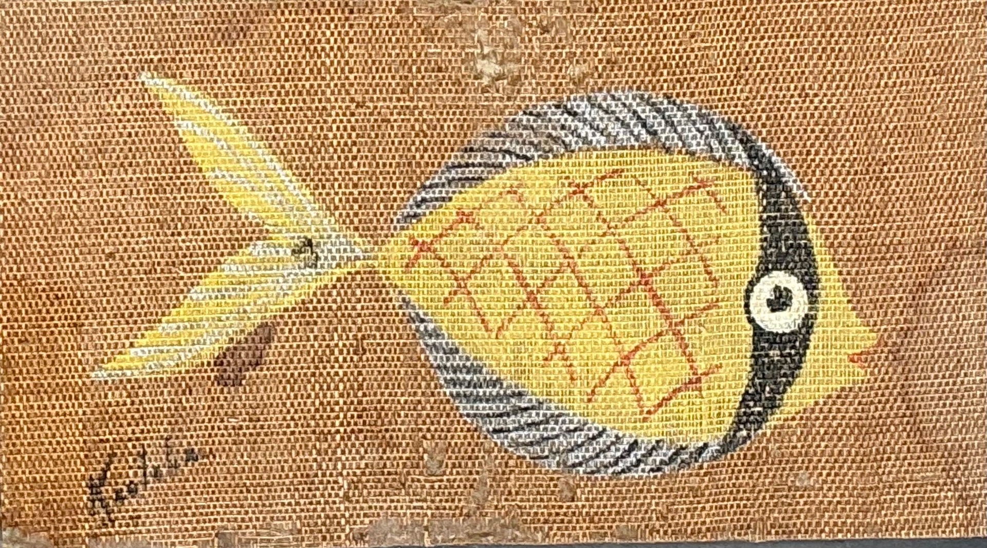 Vintage MCM Fish Motif Paintings on Burlap - Pair - Top view