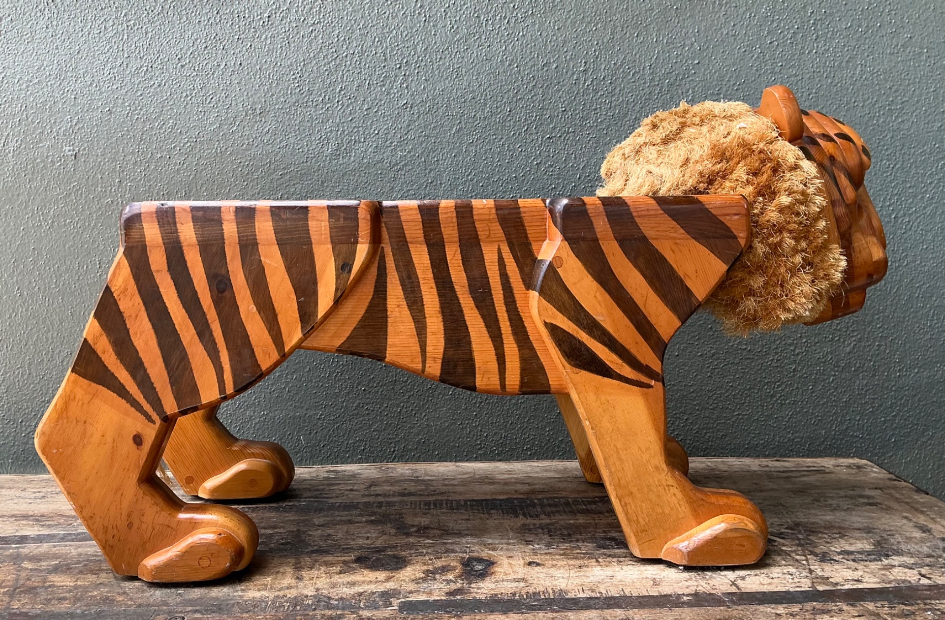 Vintage Handcrafted Wood and Jute Tiger Stool - Top view