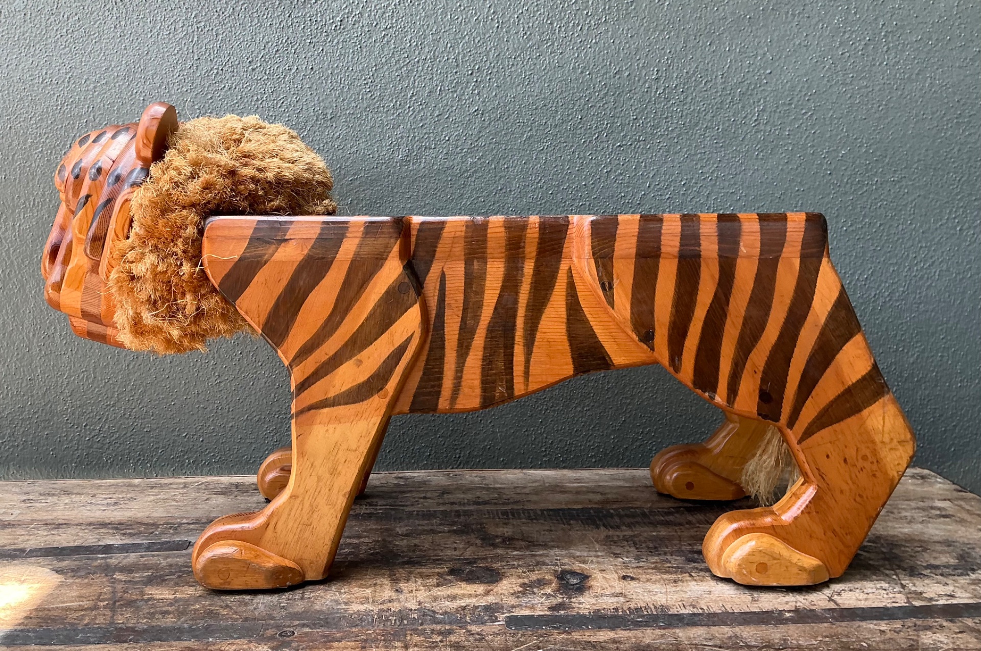 Vintage Handcrafted Wood and Jute Tiger Stool - Back view