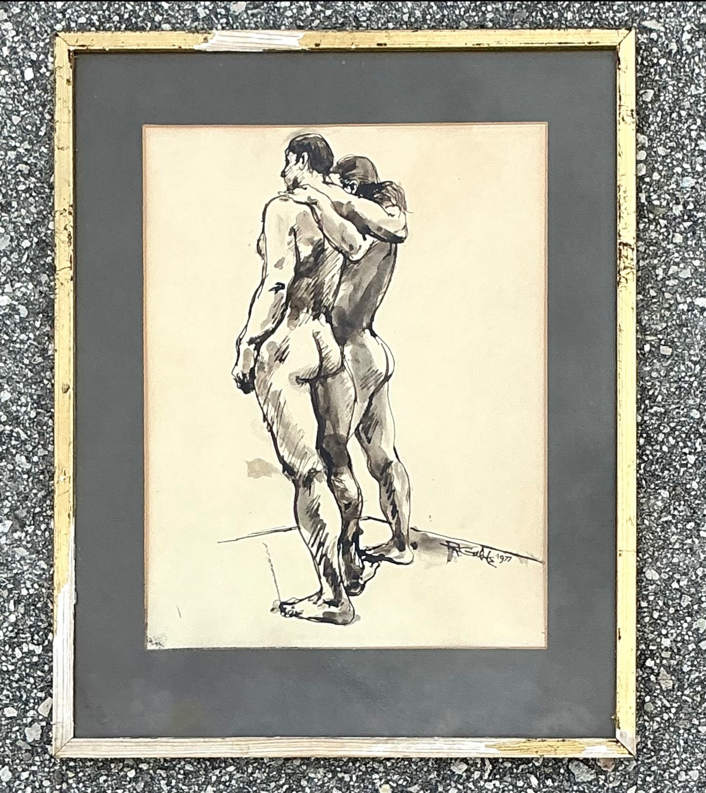 Vintage Original 1977 Framed Figurative Male Nudes - Top view
