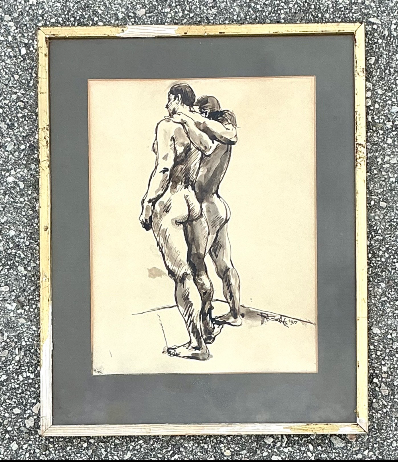Vintage Original 1977 Framed Figurative Male Nudes - Detail view