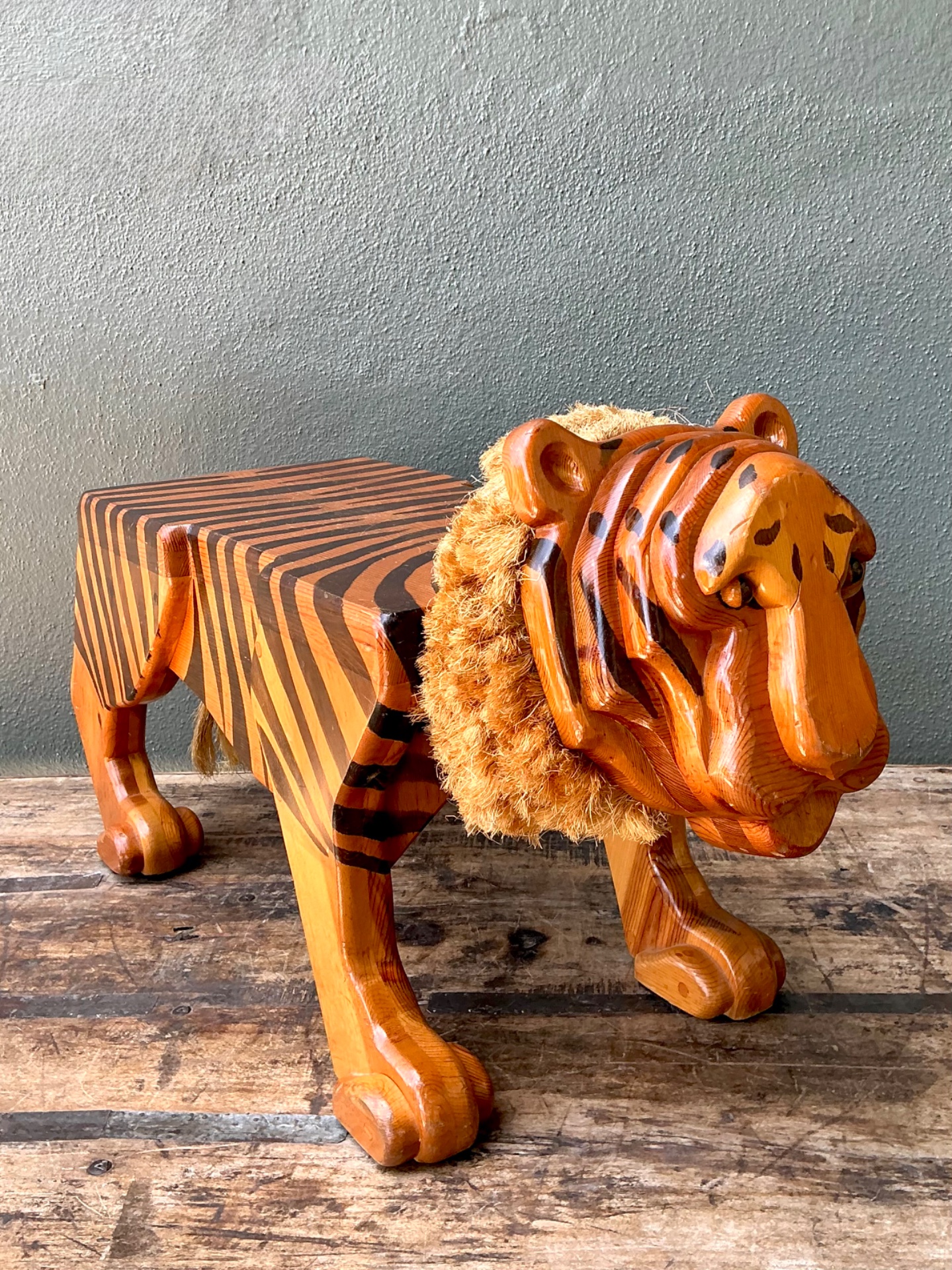 Vintage Handcrafted Wood and Jute Tiger Stool - Side view