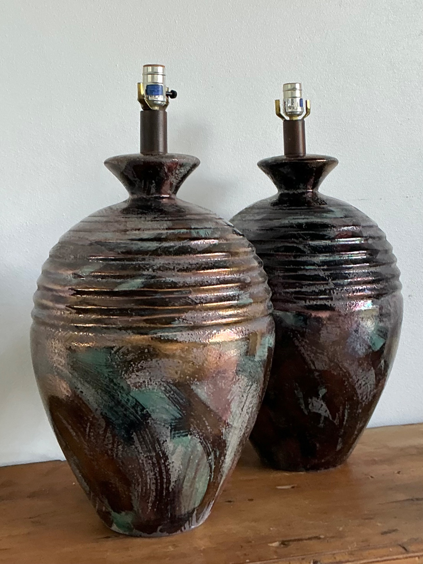 Vintage Glazed Metallic Ceramic Lamps - Set of 2 - Side view