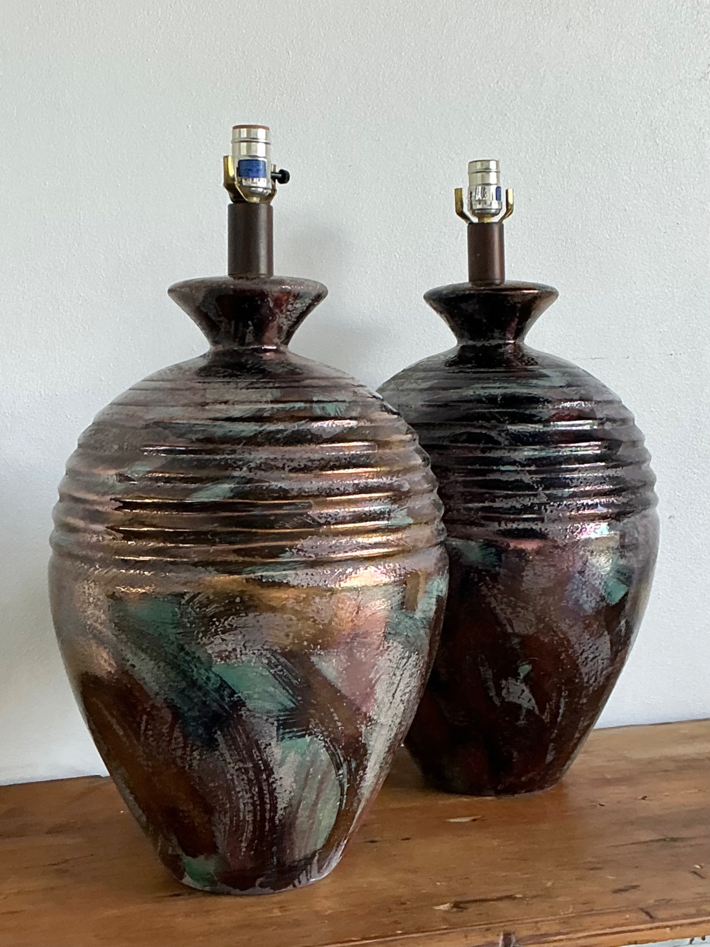 Vintage Glazed Metallic Ceramic Lamps - Set of 2 - Top view