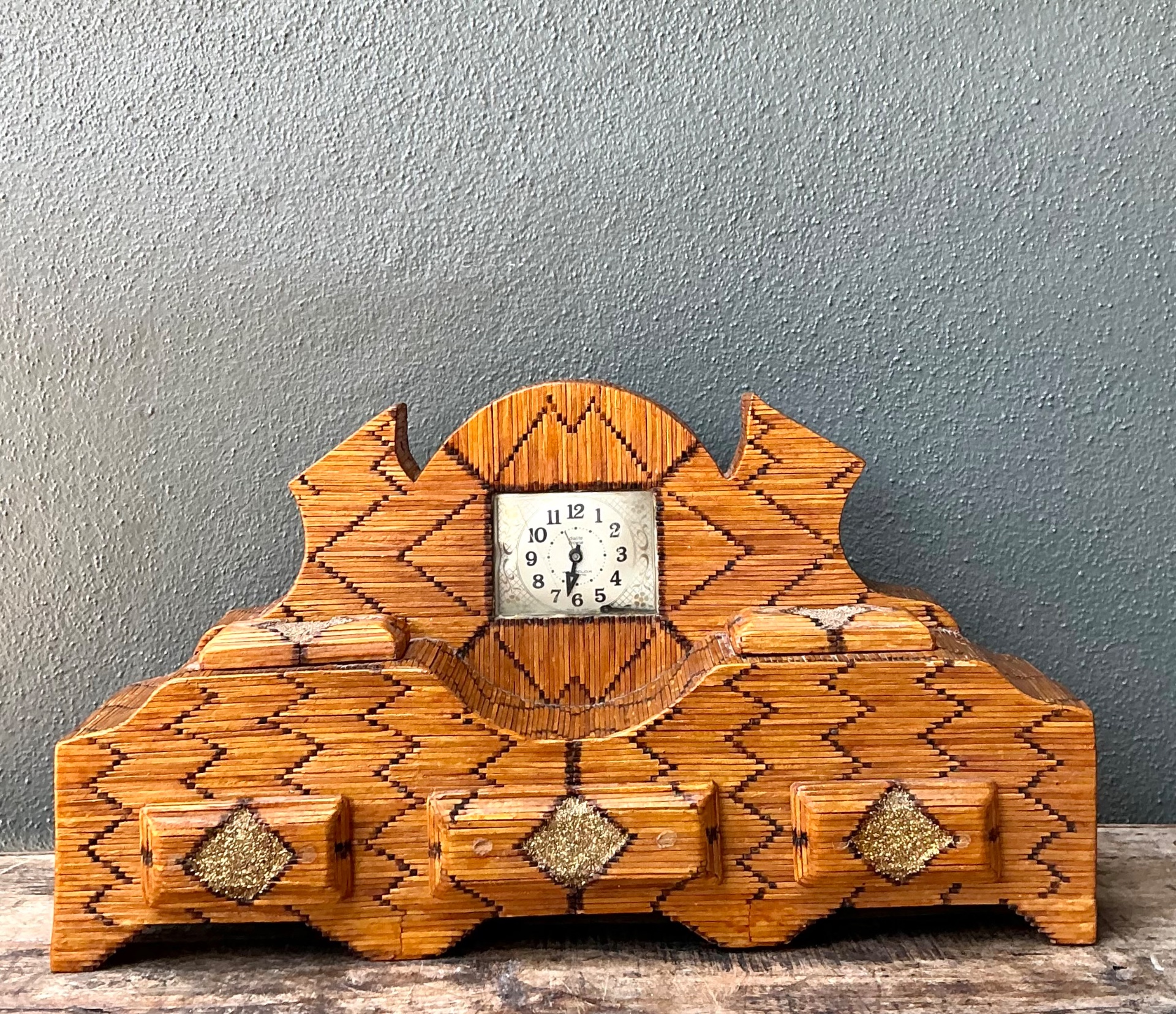 Vintage Handcrafted Matchstick Mantle Clock - Side view